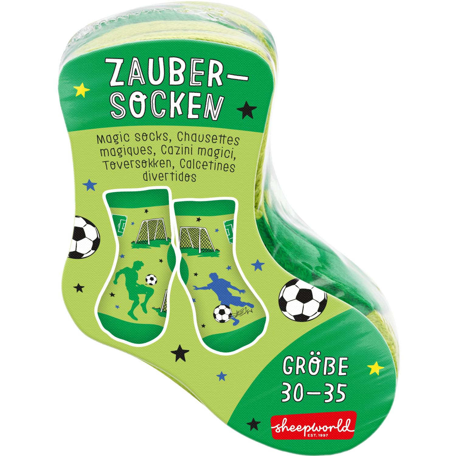 Grüne Zaubersocken im Fußball-Design mit Ball- und Tor-Motiven