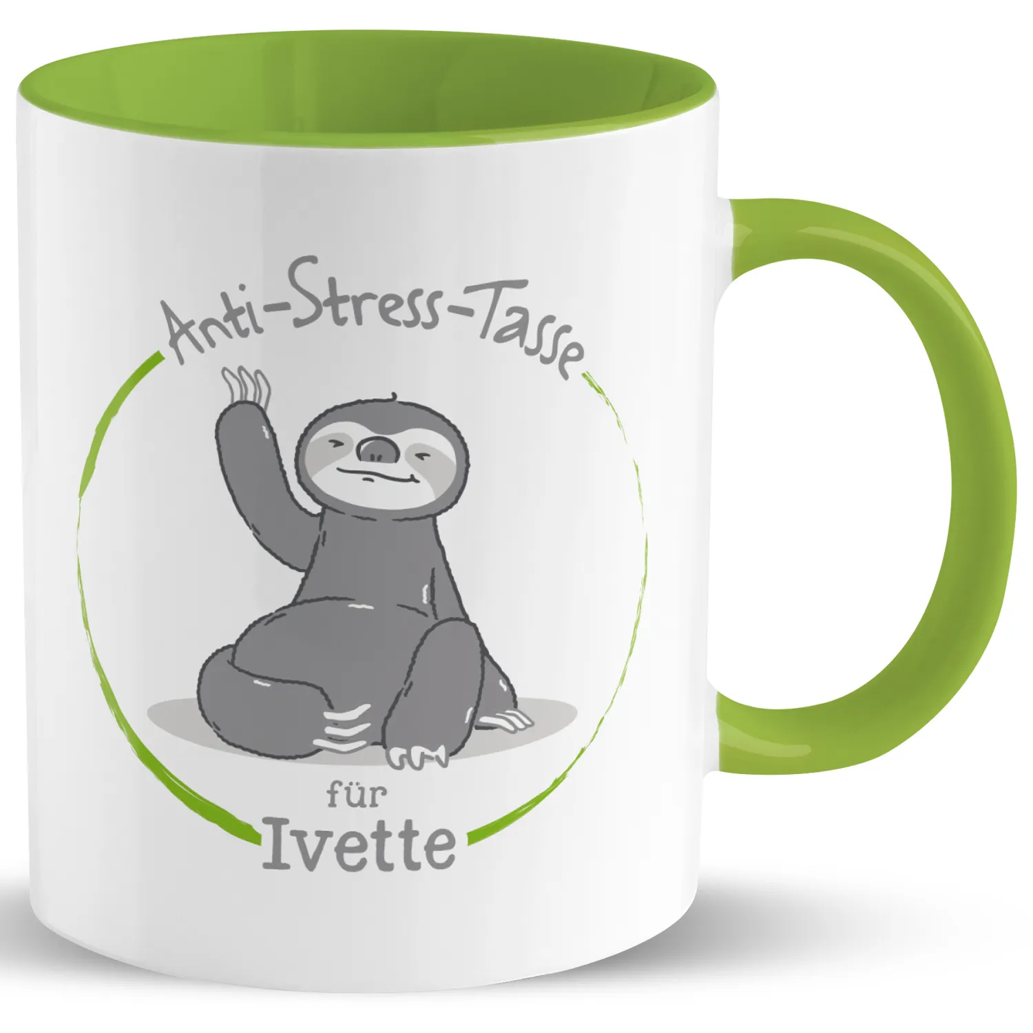 Weiße Porzellan-Tasse mit grünem Innenraum und Faultier-Motiv im Kreis