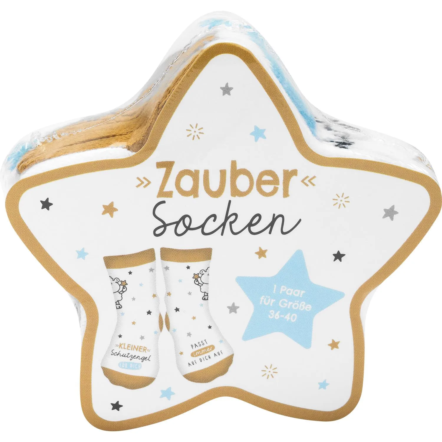 Sterneförmige Verpackung mit Zaubersocken 'Kleiner Schutzengel für Dich' in Weiß und Gold.