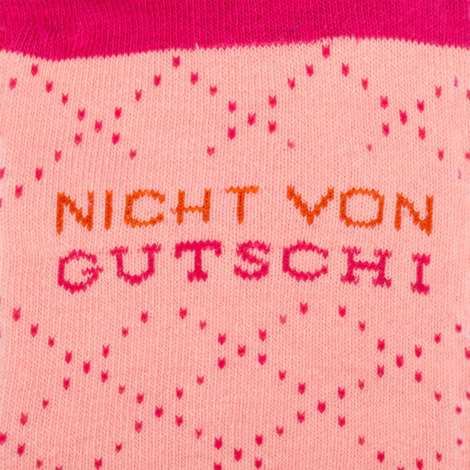 Rosa Socke mit Aufdruck NICHT VON GUTSCHI in orange und pink