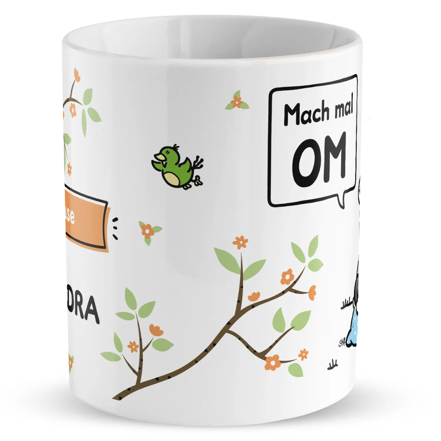 Weiße Porzellan-Tasse mit OM-Sprechblase und zarten Blumen-/Astmotiven.