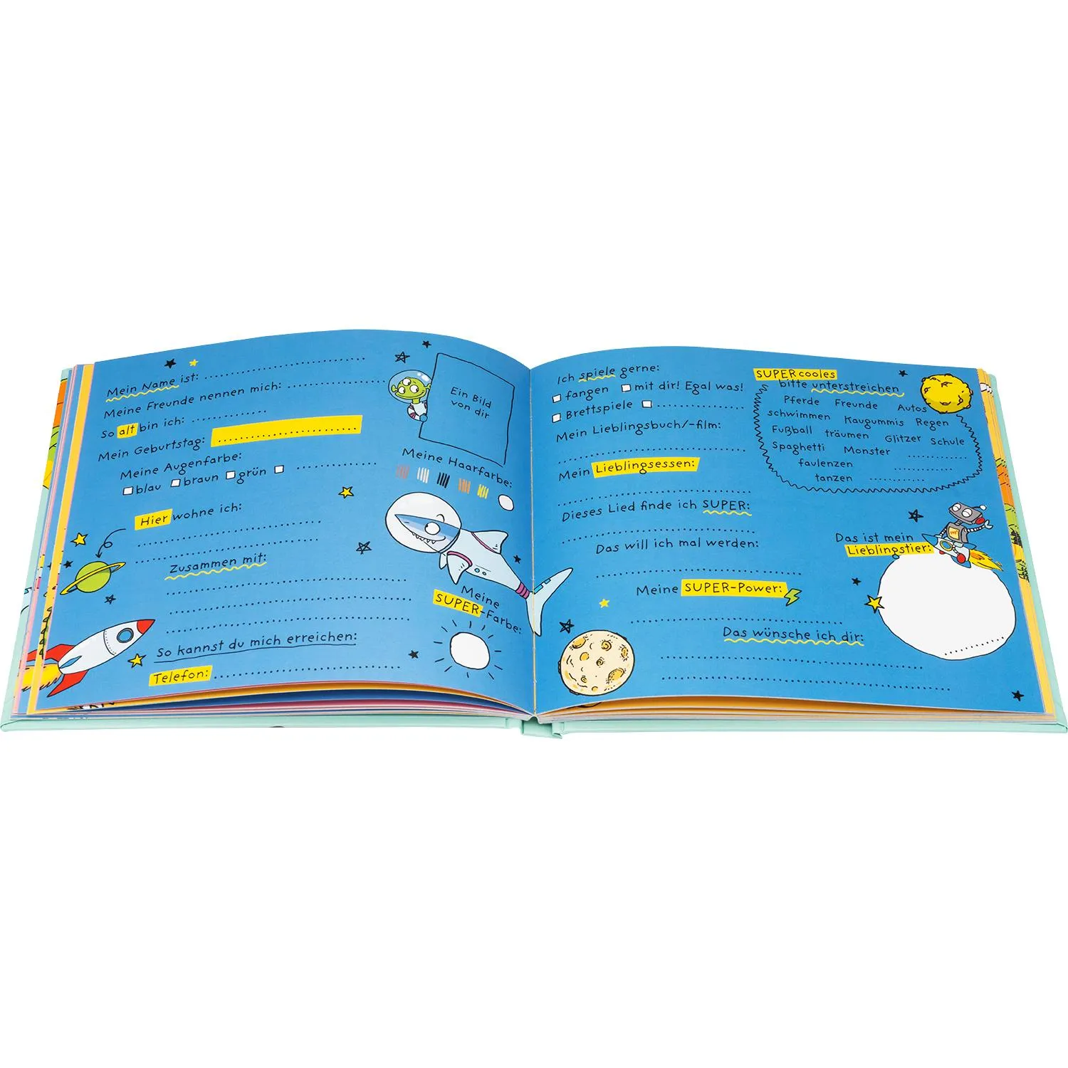 Buntes Freundebuch »Meine super Freunde« auf blauem Weltraum-Hintergrund mit Glitzer-Highlights