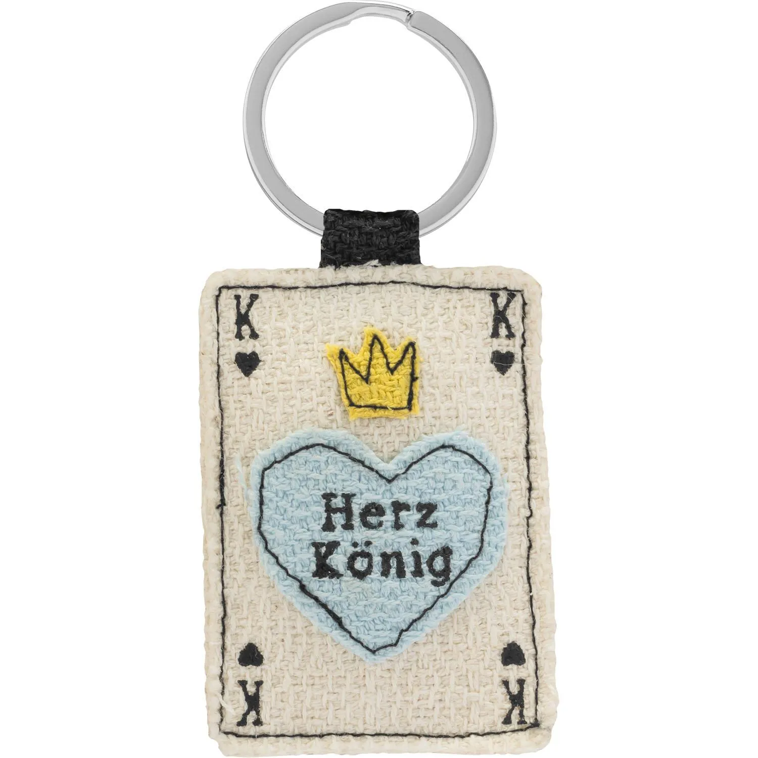 Beige Schlüsselanhänger mit Herz König Motiv, blauem Herz und Krone