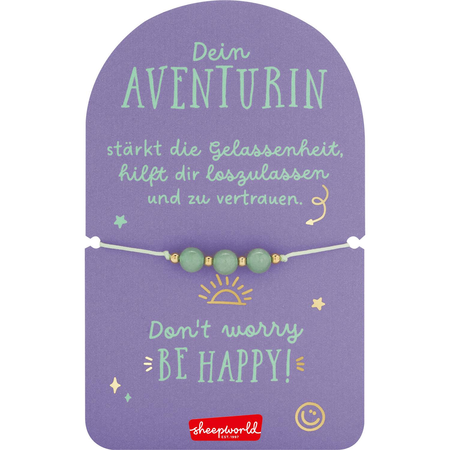 Armband Aventurin mit drei grünen Halbedelstein-Perlen auf mintgrünem Faden.
