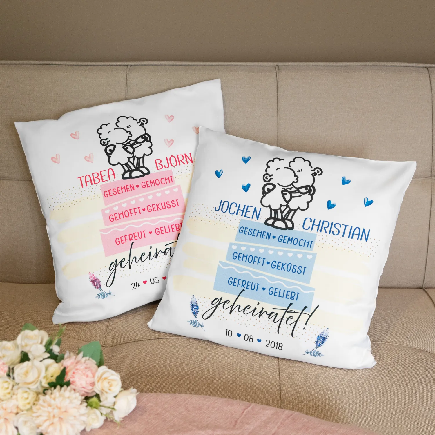 Weißes Hochzeitskissen mit Schäfchen-Motiv, personalisiert mit Namen und Datum, 40x40 cm