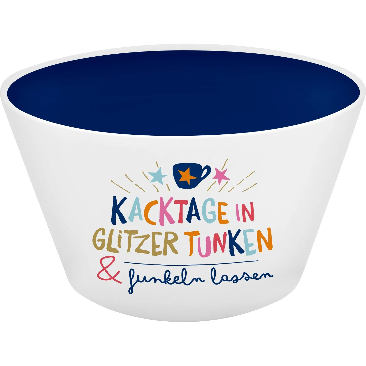 Weiße Porzellanschale mit tiefblauem Innenraum und buntem KACKTAGE-Aufdruck