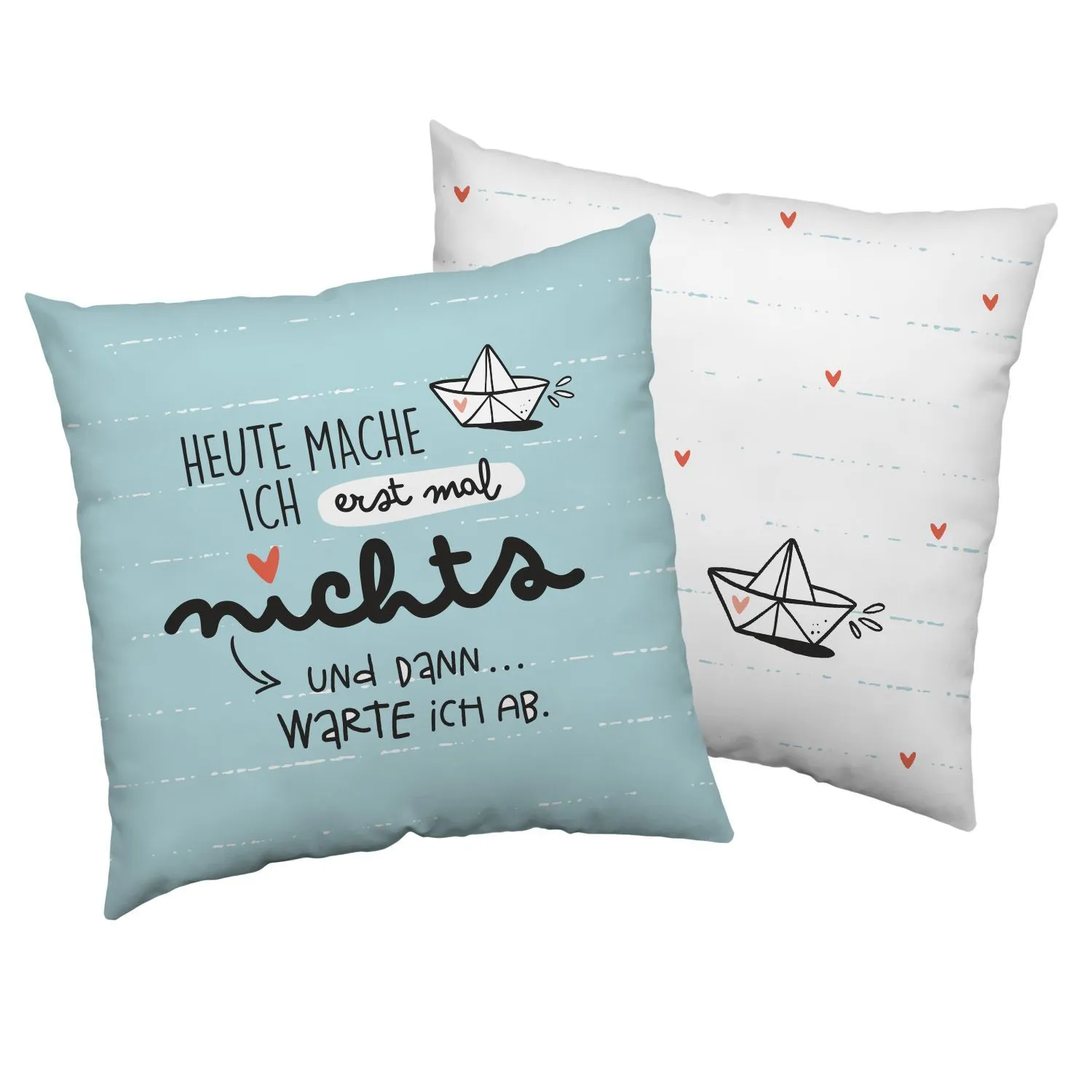 Pastellblauer Wendebettbezug mit Spruchmotiv und Bootsdruck, weiße Rückseite