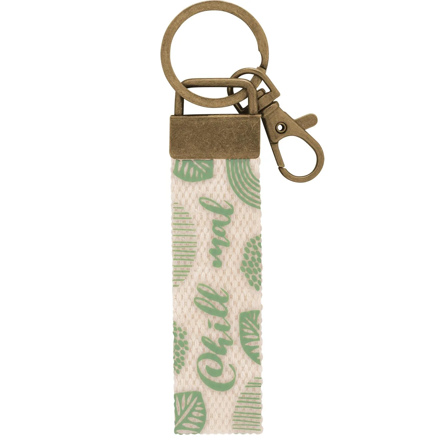 Beigefarbener Canvas-Schlüsselanhänger mit grünem Blättermuster und Messing-Halter