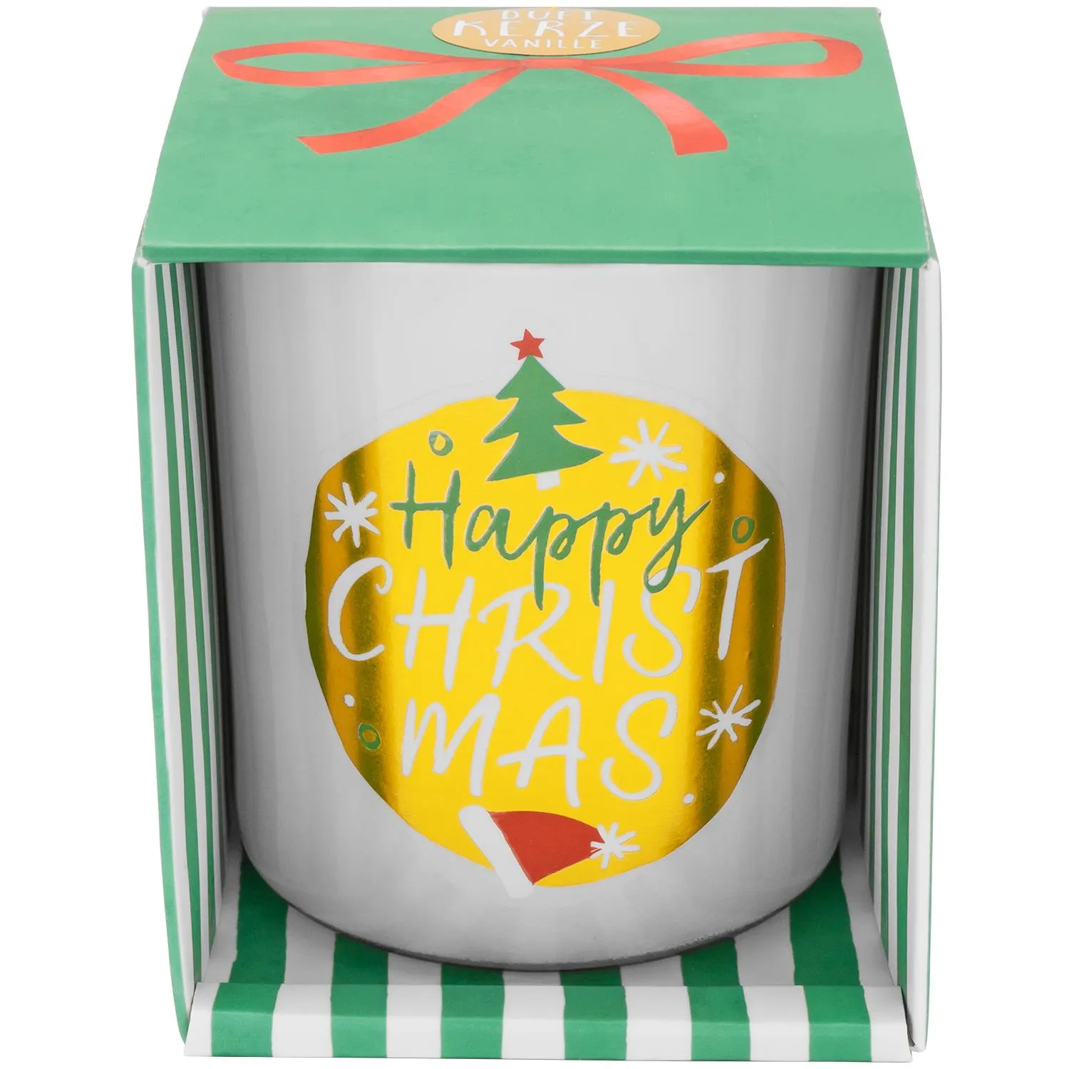 Duftkerze im Glas mit goldener Prägung und Weihnachtssymbolen