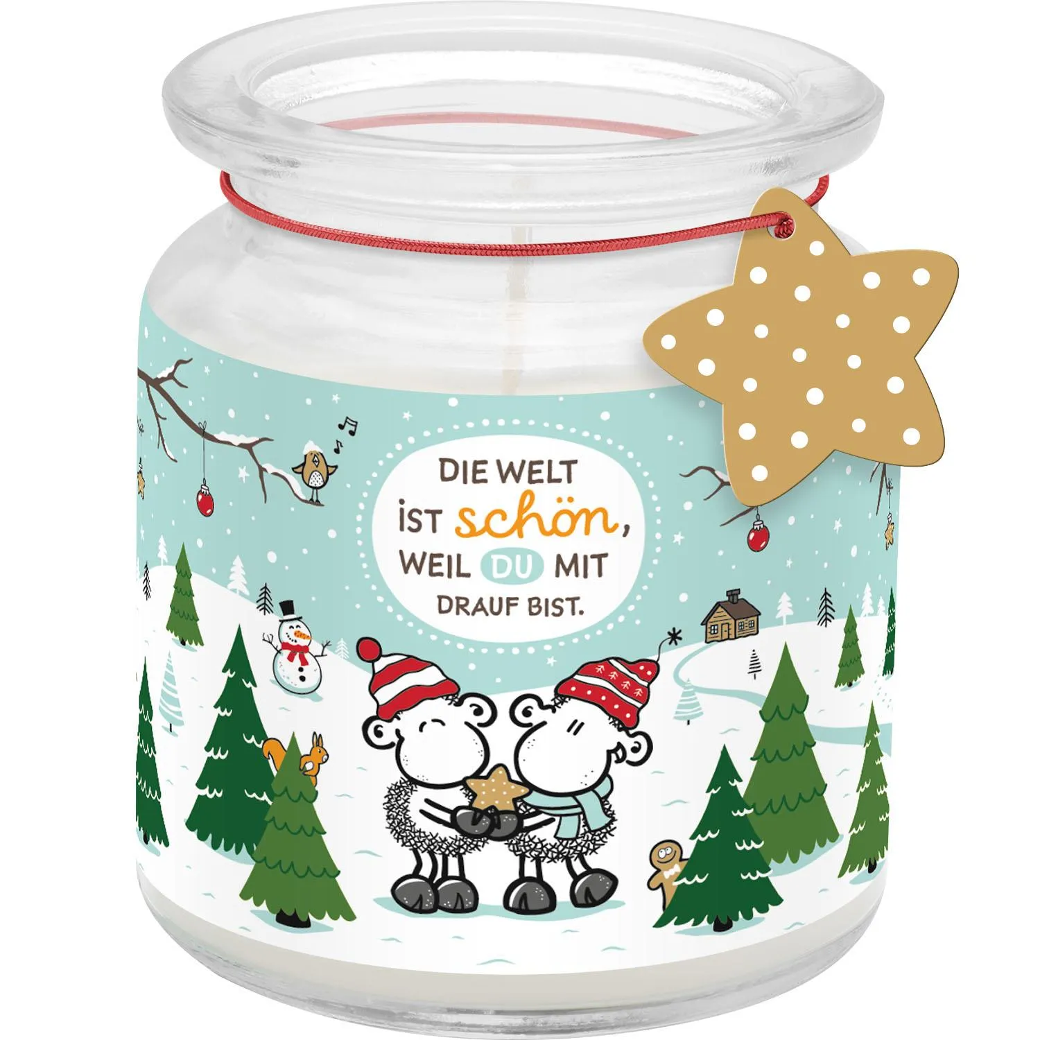 Kerze im Glas mit Wintermotiv, Schaf-Duo und Sternanhänger.