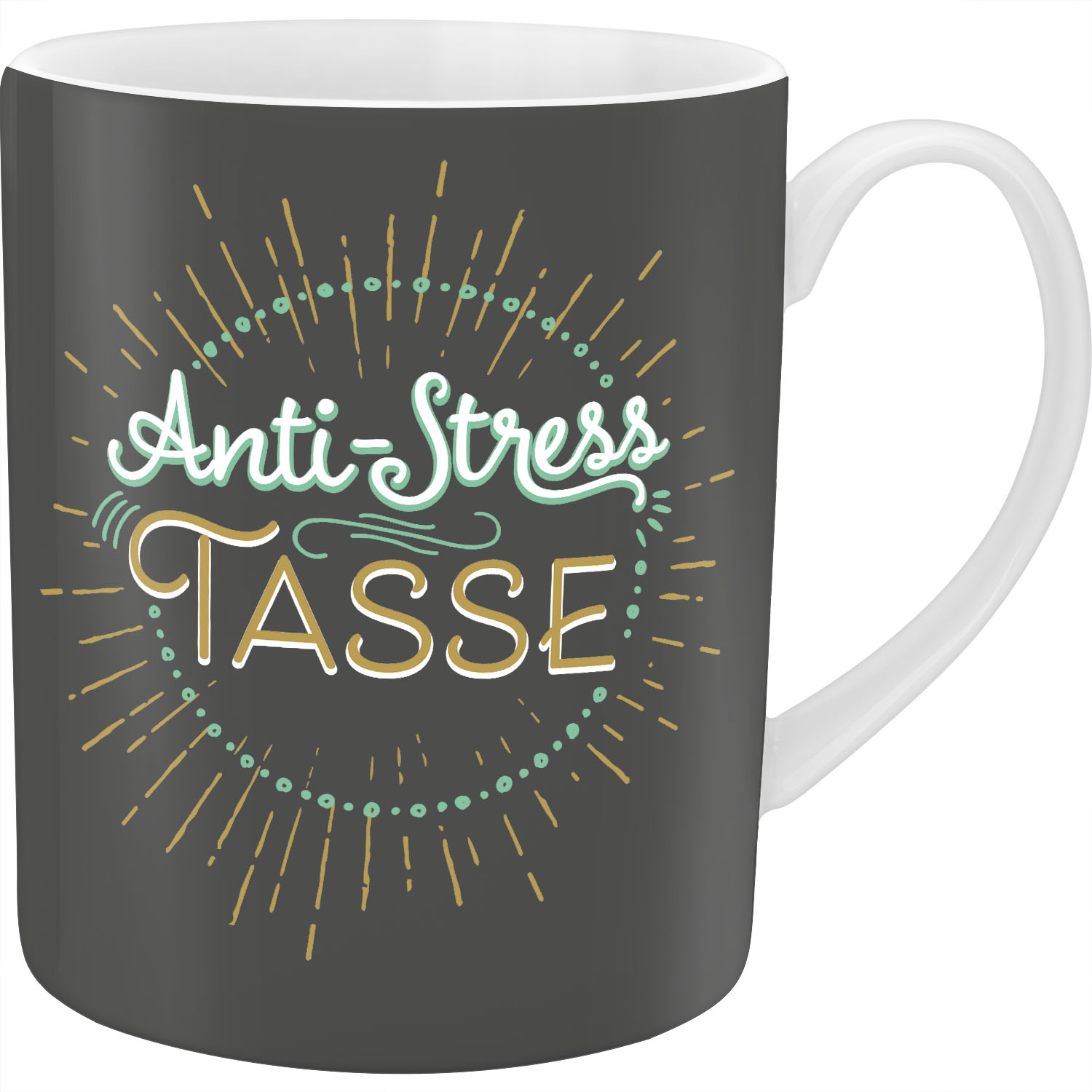 Extragroße Porzellantasse mit grauem Korpus, weißem Innenraum und Golddruck 'Anti-Stress TASSE'.