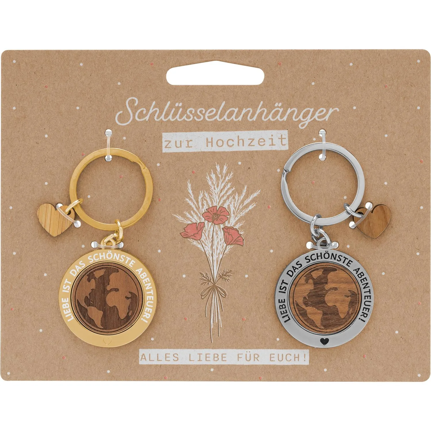 Zwei Schlüsselanhänger aus Holz mit Weltkugel-Design, Gold- und Silberring, Herzanhänger – Hochzeitsgeschenk.