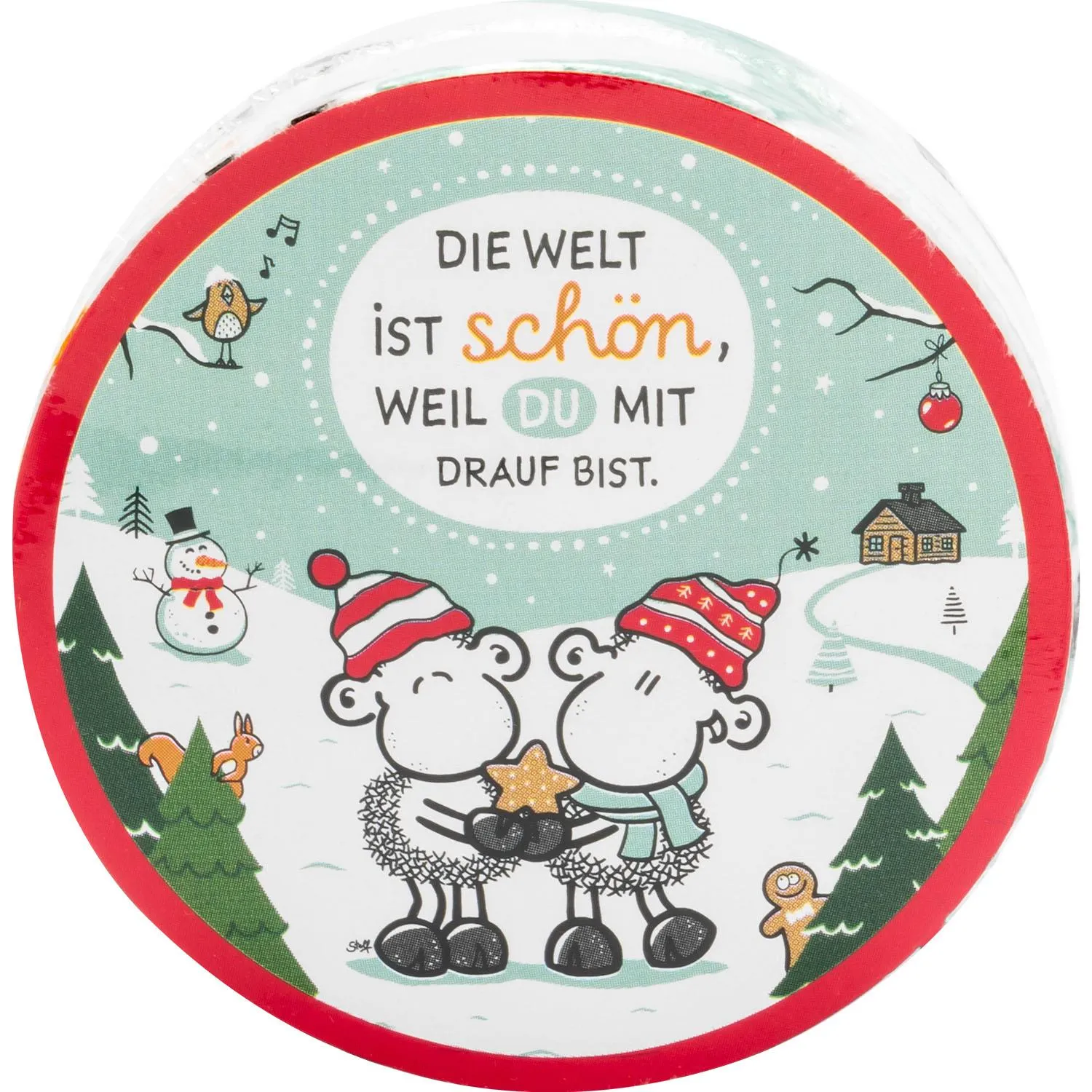 Rundes Zauberhandtuch mit zwei Schafen im Winter und rotem Rand