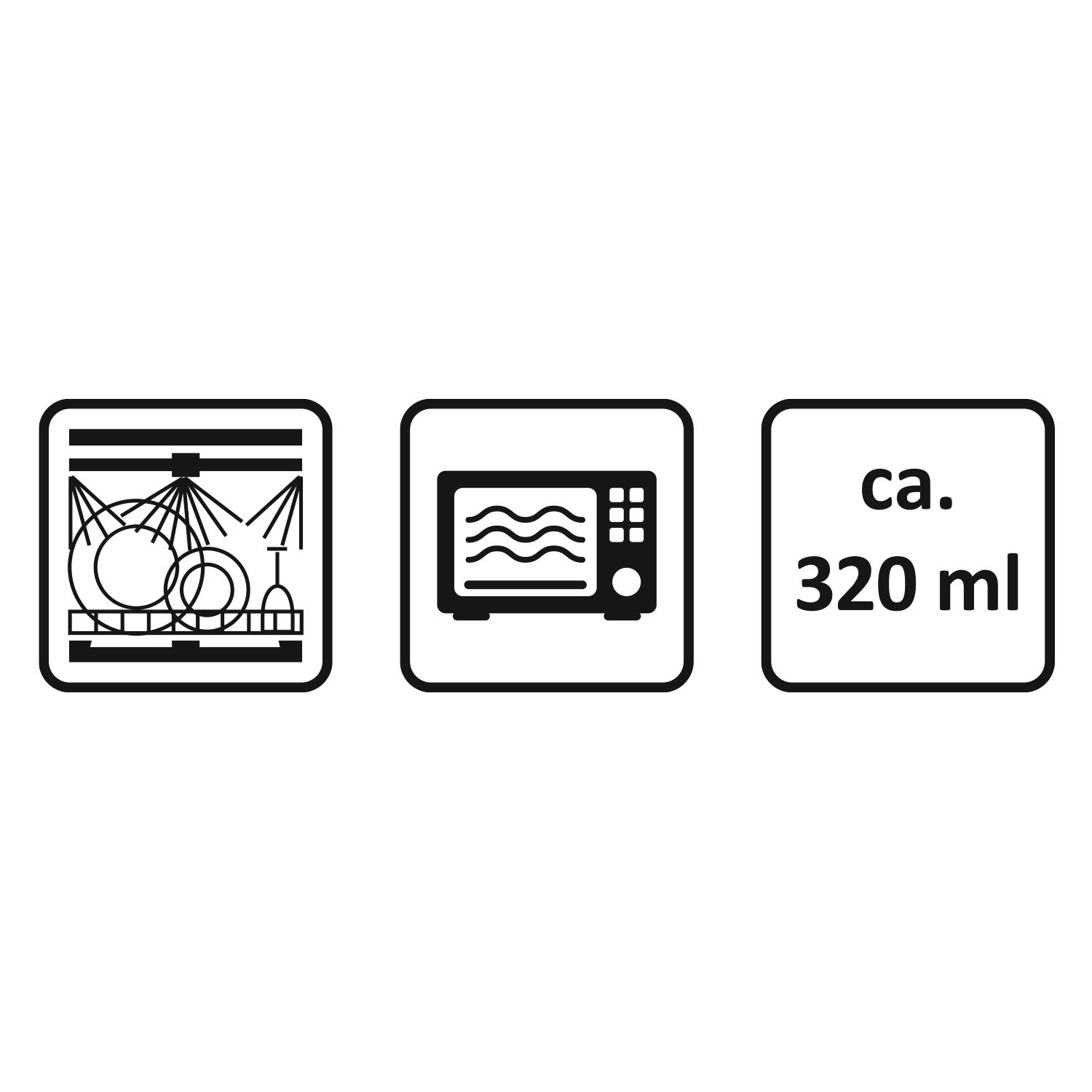 Drei Piktogramme zeigen Spülmaschinengeeignet, Mikrowellengeeignet und Fassungsvermögen ca. 320 ml.