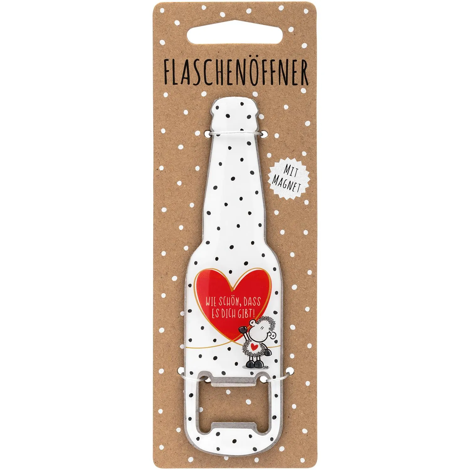 Weißer Flaschenöffner mit rotem Herz-Spruch und Punktenmuster, Magnetrückseite