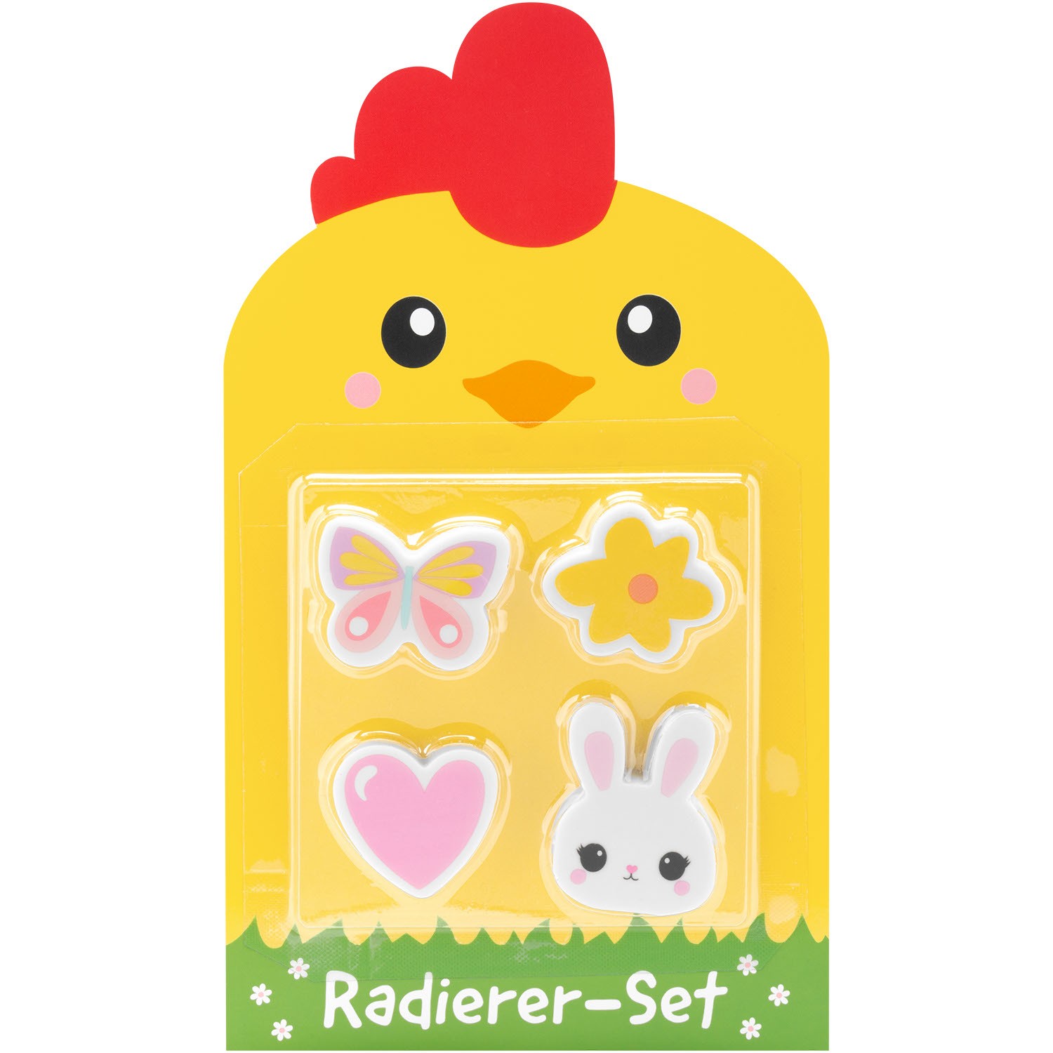 Radierset Küken – gelbe Verpackung, Blister mit Hase, Herz, Blume, Schmetterling