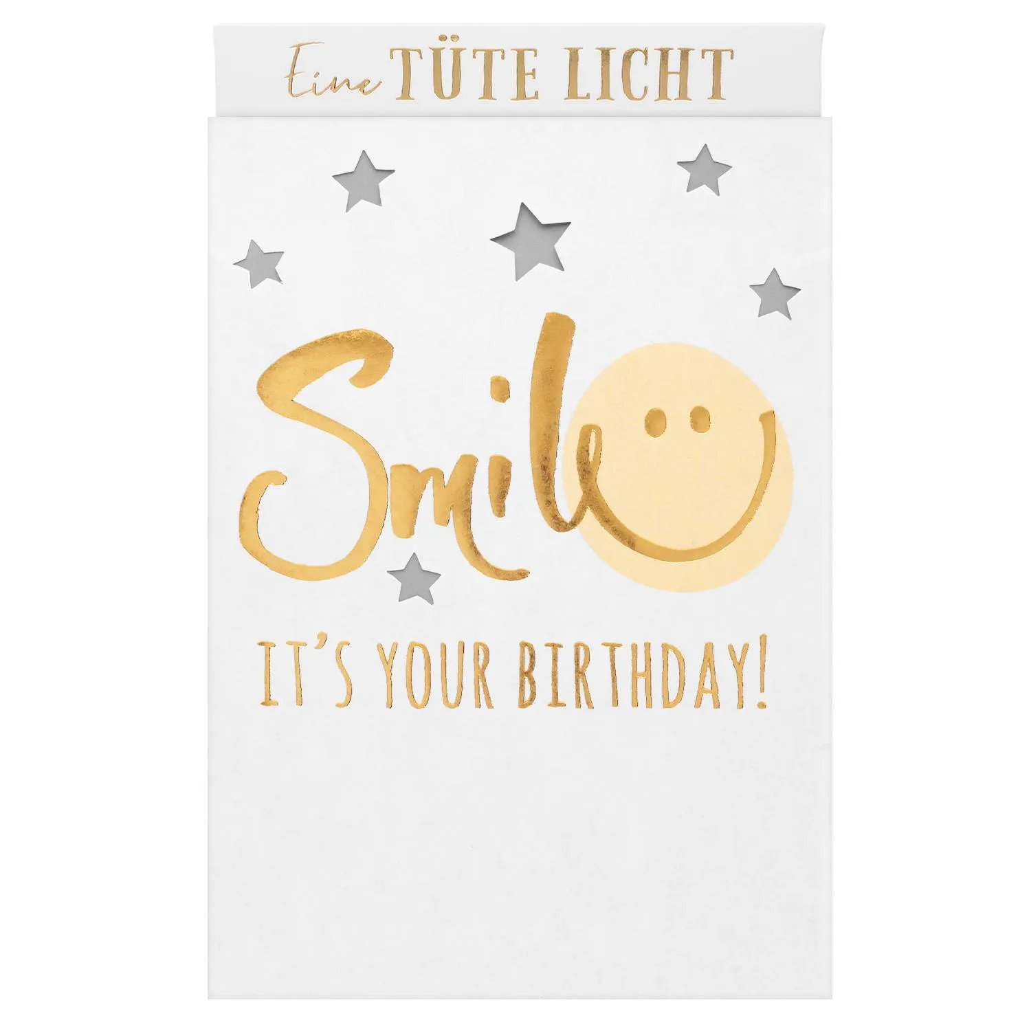 Weiße Lichttüte mit Goldschrift 'Smile IT'S YOUR BIRTHDAY' und Sternausstanzungen