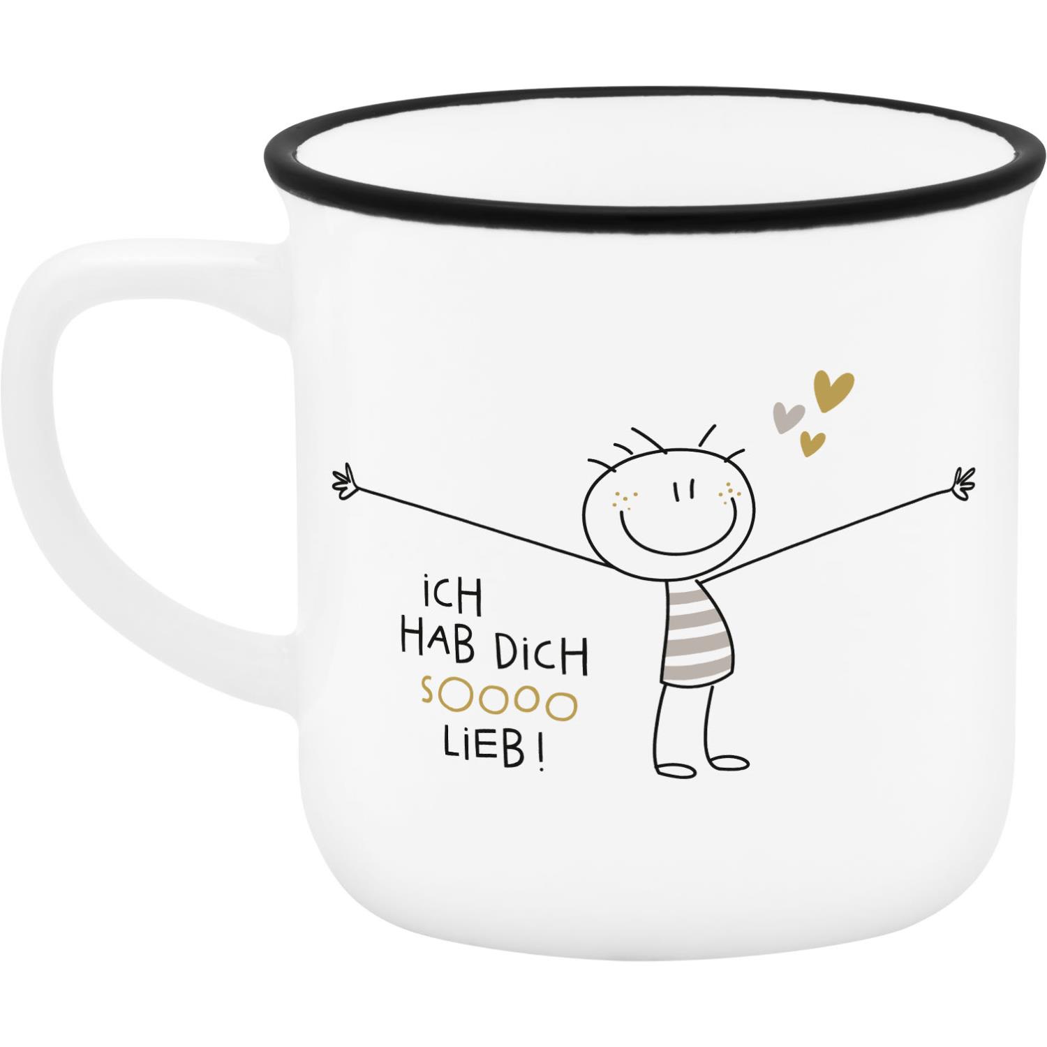 Weißer Espressobecher mit schwarzem Rand, fröhliches Strichmännchen und goldenen Herzen.