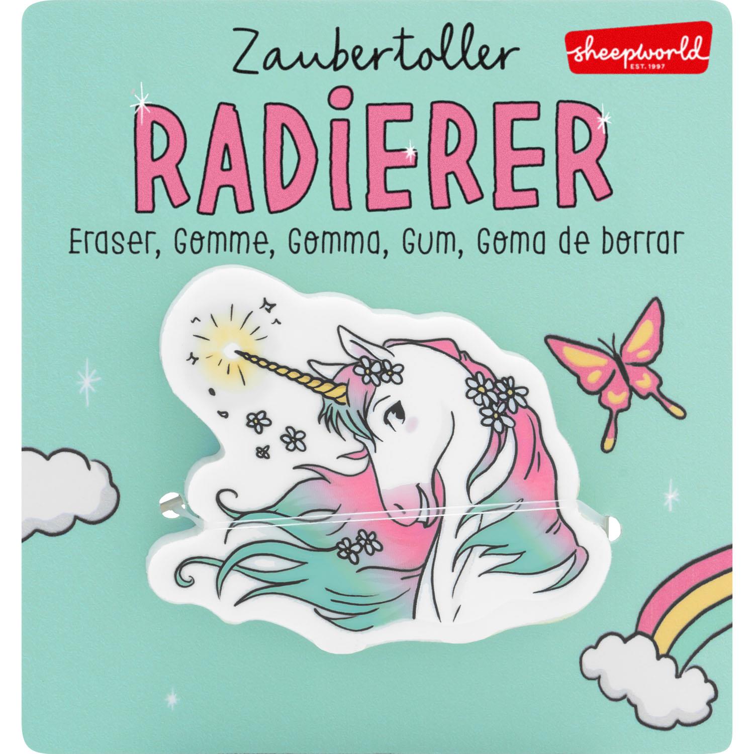 Einhorn-Radiergummi auf pastelgrüner Verpackung mit Regenbogen-Motiv