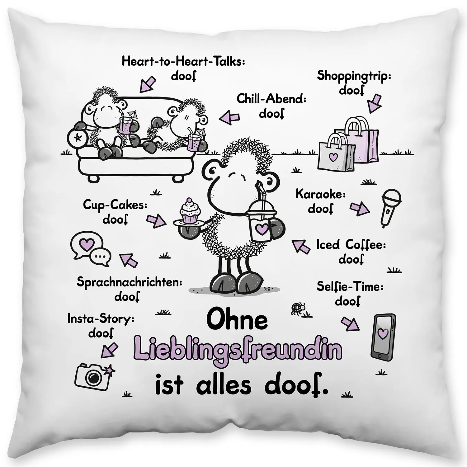 Weißes Kissen mit Cartoon-Schaf und Spruch 'Ohne Lieblingsfreundin ist alles doof' (40 x 40 cm)