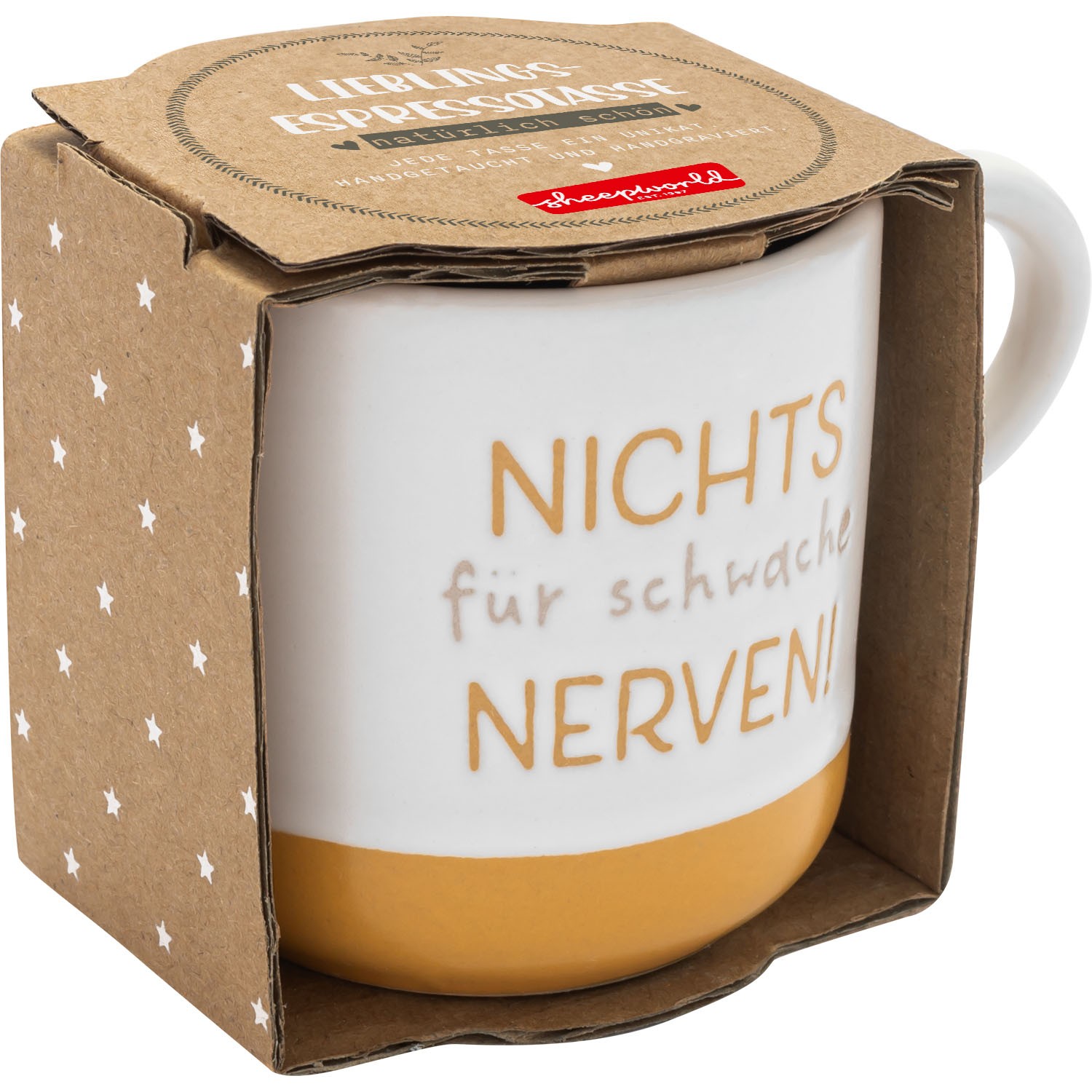 Weiße Keramiktasse mit orangefarbenem Spruch 'Nichts für schwache Nerven' und gelbem Boden