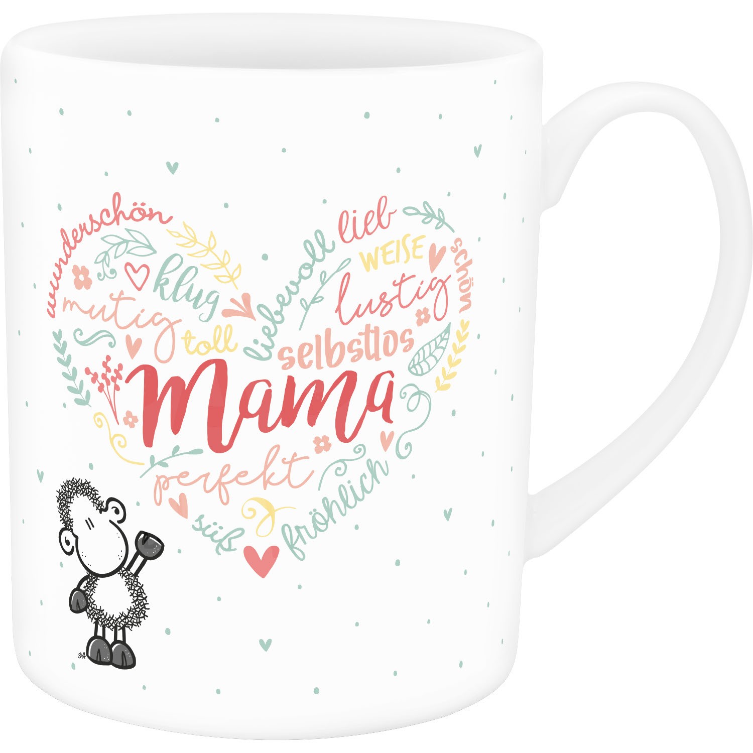 XL-Tasse mit Herz-Wort-Motiv Mama und kleinem Schaf in Pastellfarben