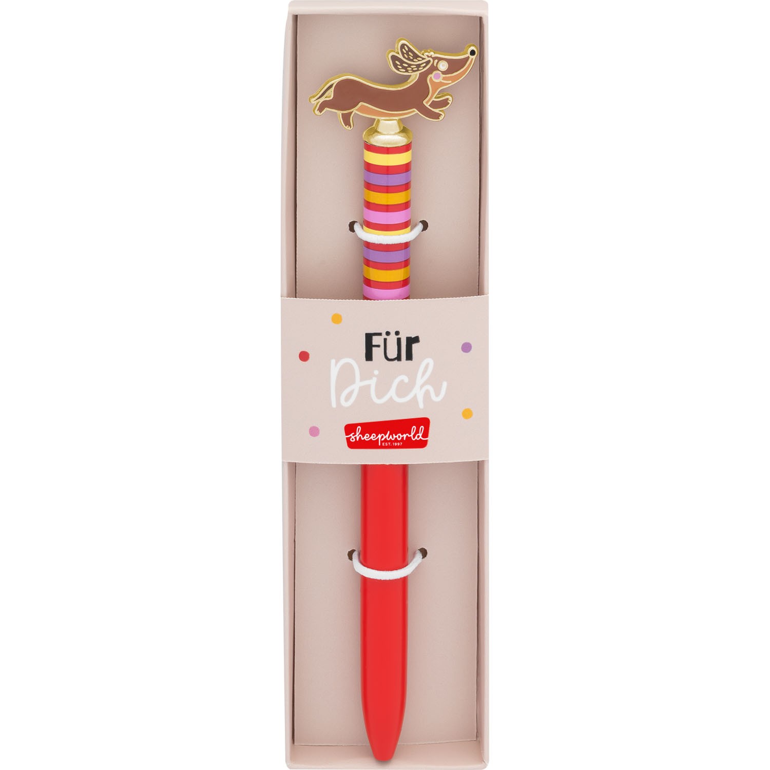 Kugelschreiber im Dackel-Design mit buntem, gestreiftem Griff; Geschenkverpackt