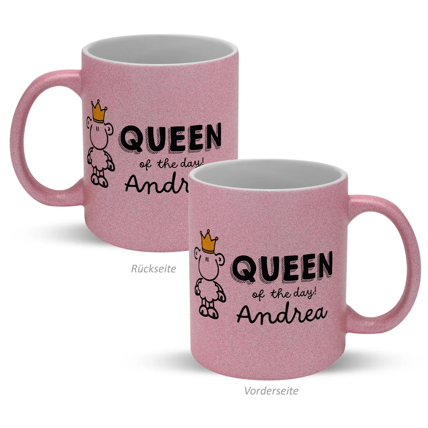 Personalisierte rosa Glitzertasse mit Krone-Schaf-Motiv und Name