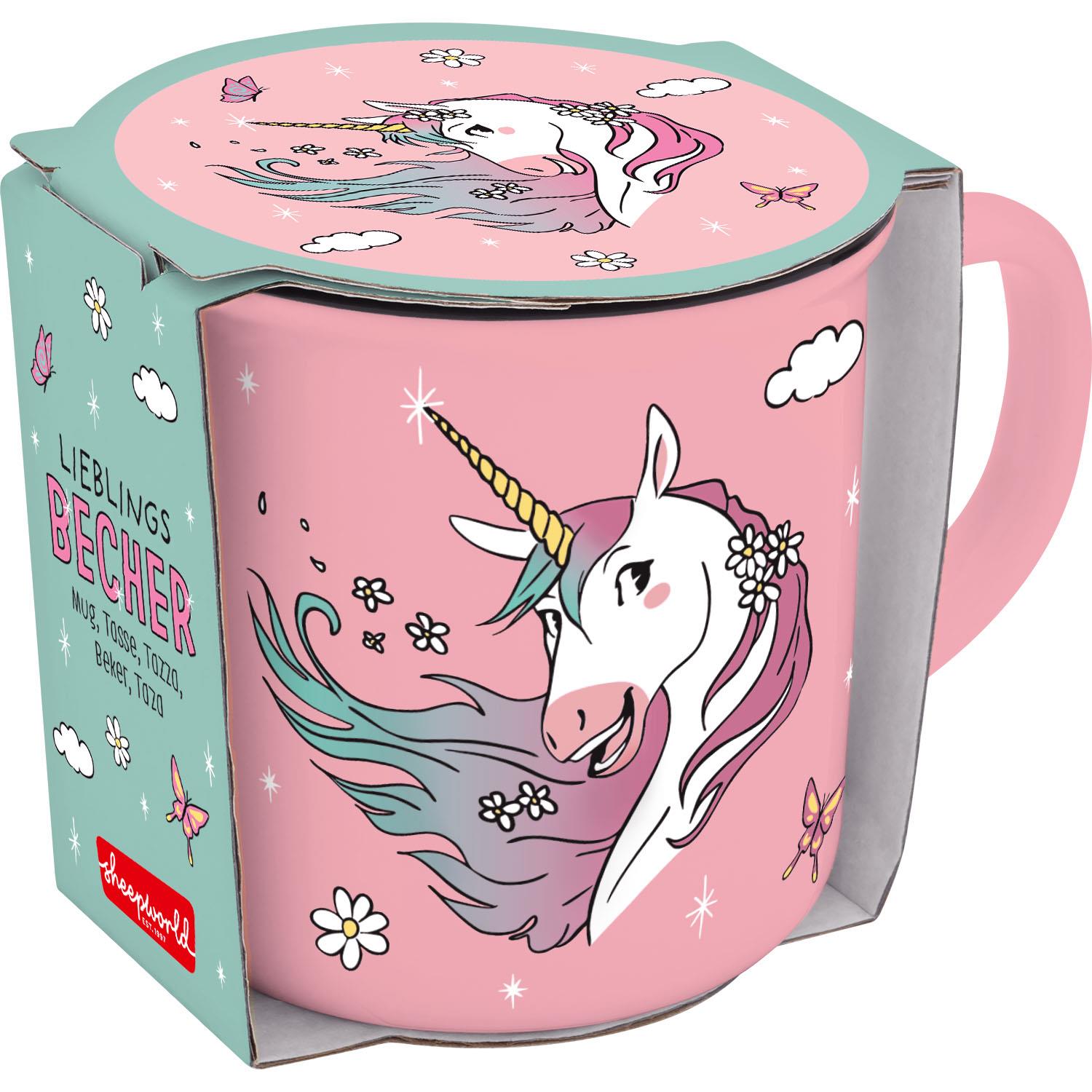 Zartrosa Becher mit Einhorn-Motiv aus Bone China Porzellan