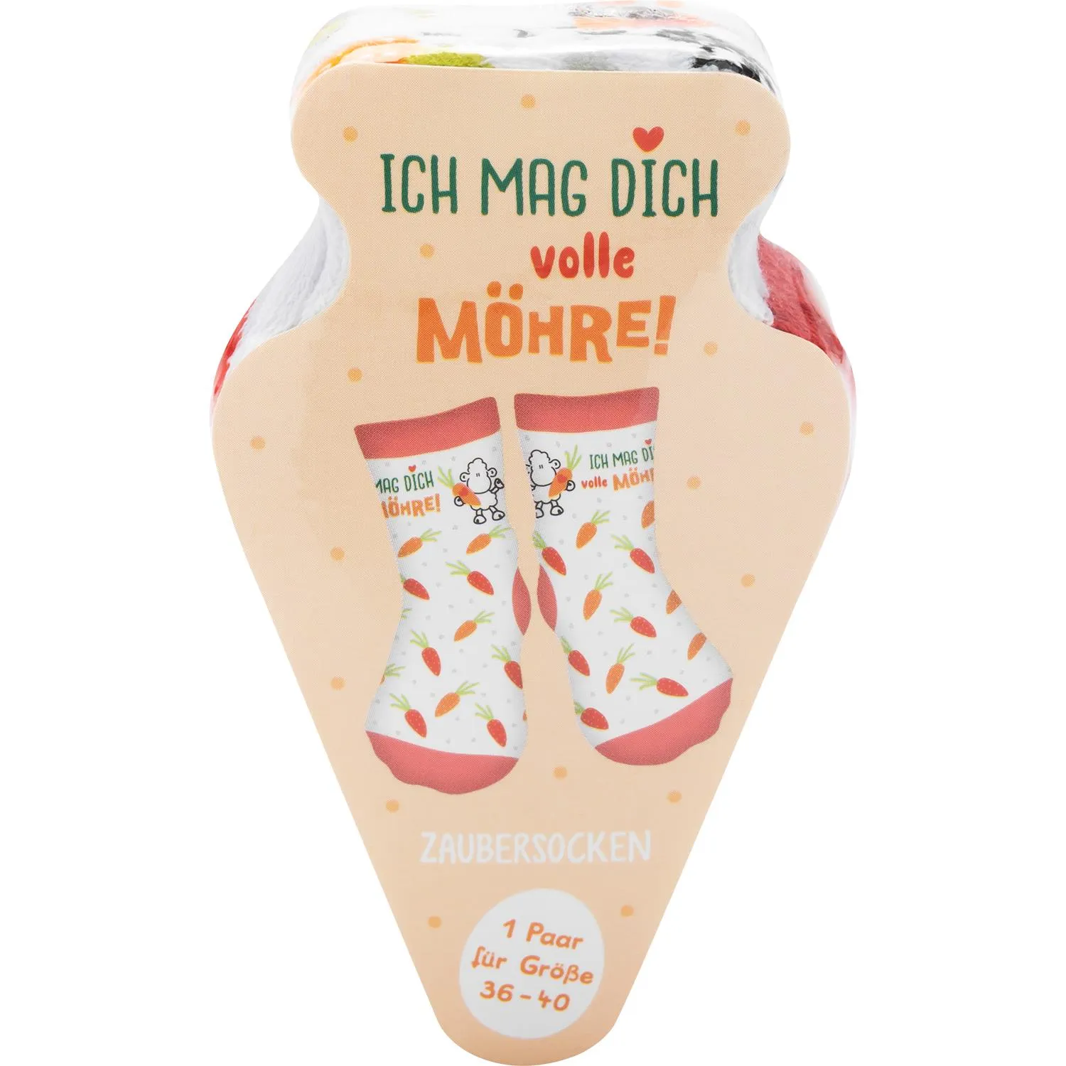 Paar Zaubersocken in Möhrenform mit Karottenmuster, Größe 36-40, auf peachfarbener Verpackung