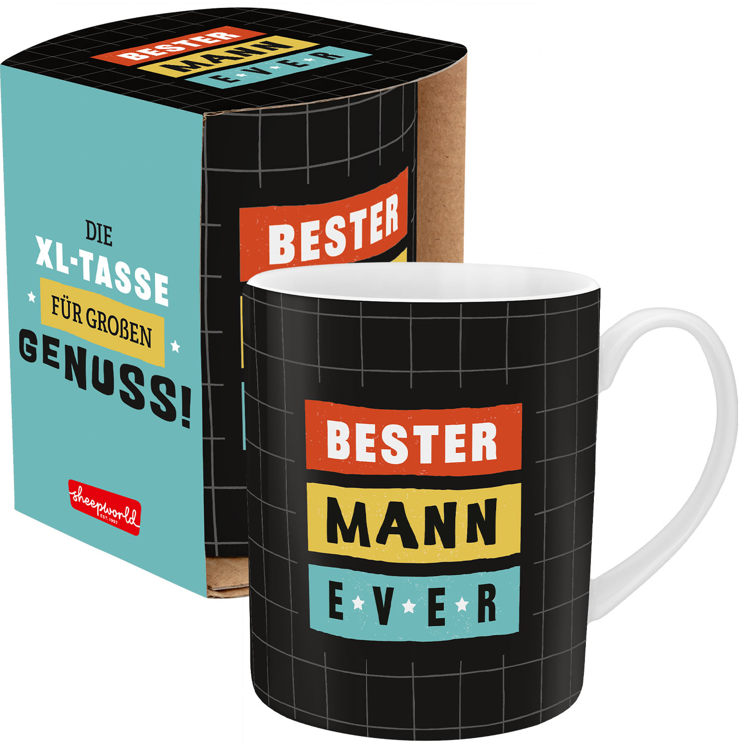 XL-Tasse mit Bester Mann Ever in dreifarbigen Balken auf schwarzer Keramik
