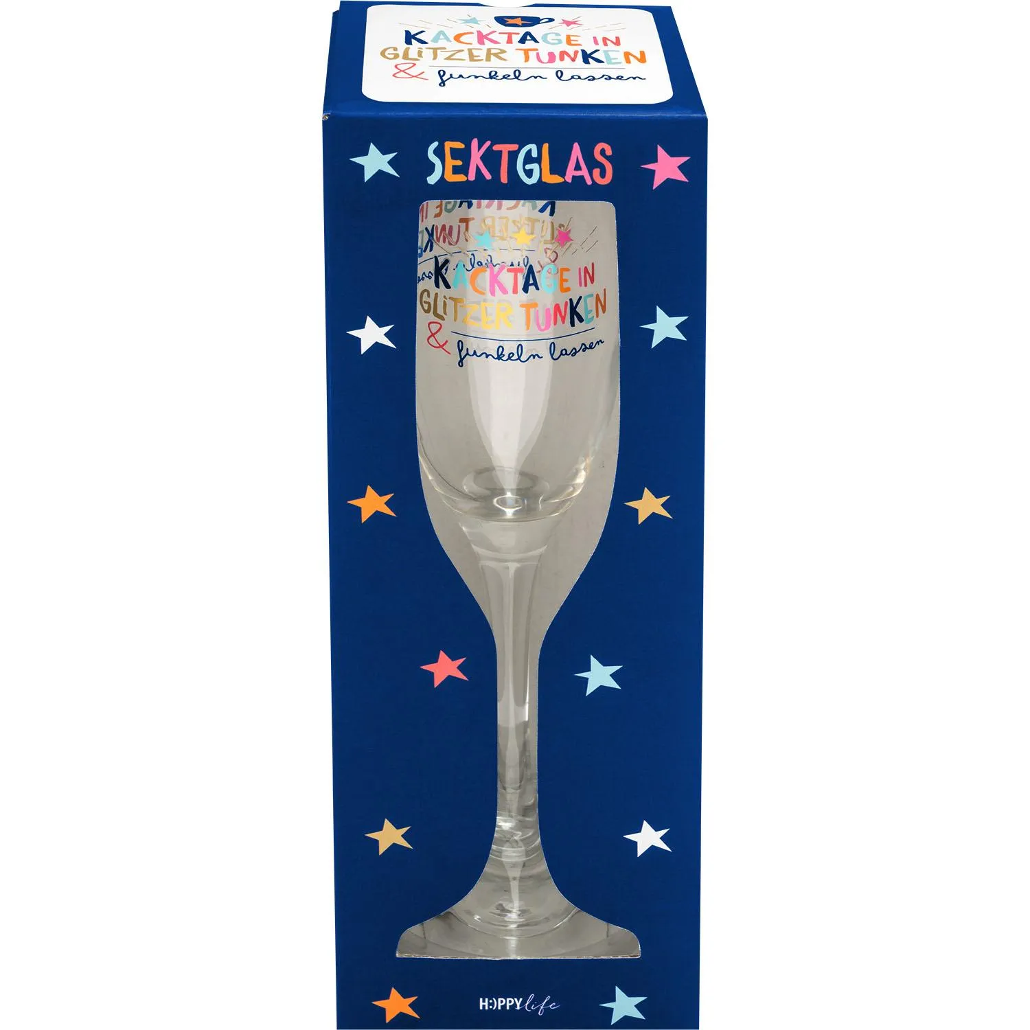 Sektglas »Kacktage« in Geschenkbox mit buntem Glitzer-Spruch