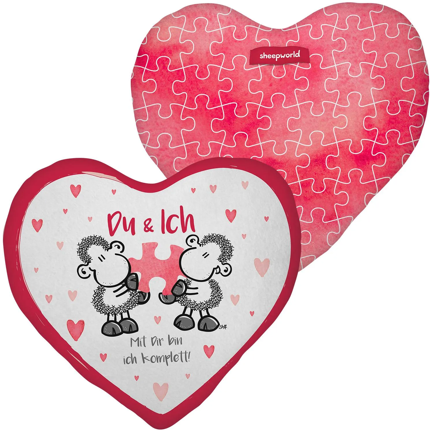 Herzförmiges Plüschkissen mit zwei Schäfchen und Puzzle-Herz