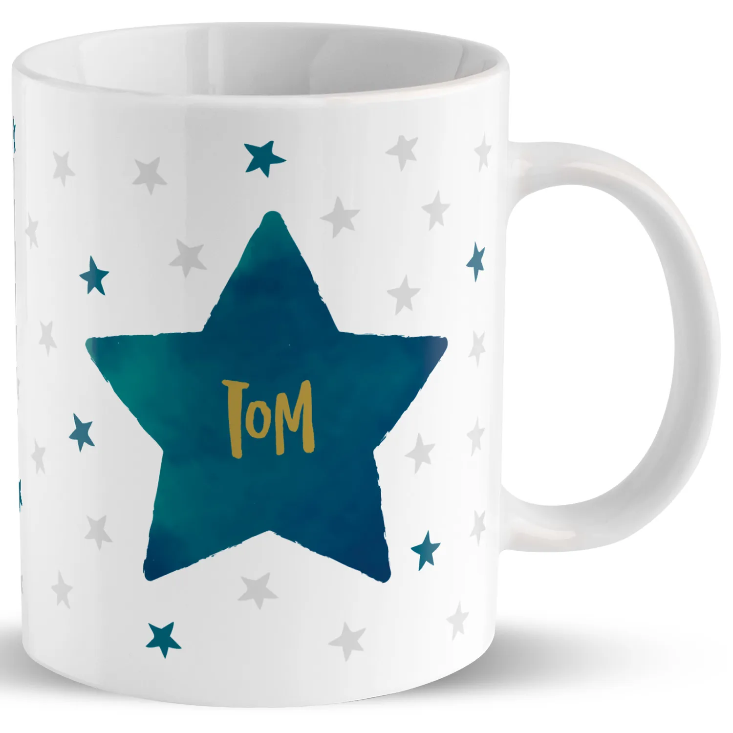 Personalisierte Porzellantasse mit großem blauen Stern und Namensschrift Tom