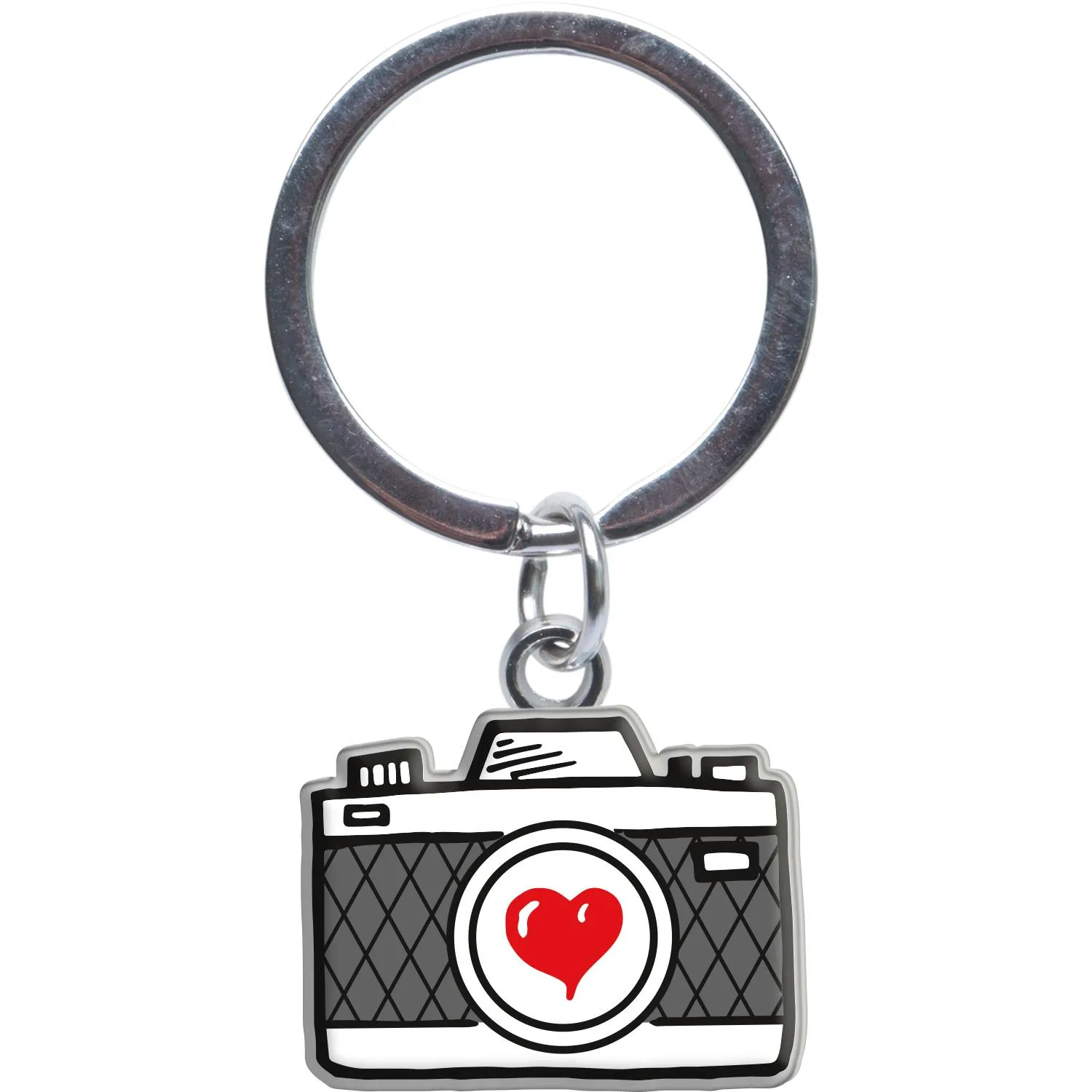 Mini-Schlüsselanhänger in Kameramotiv mitrotem Herz, silbernem Ring.