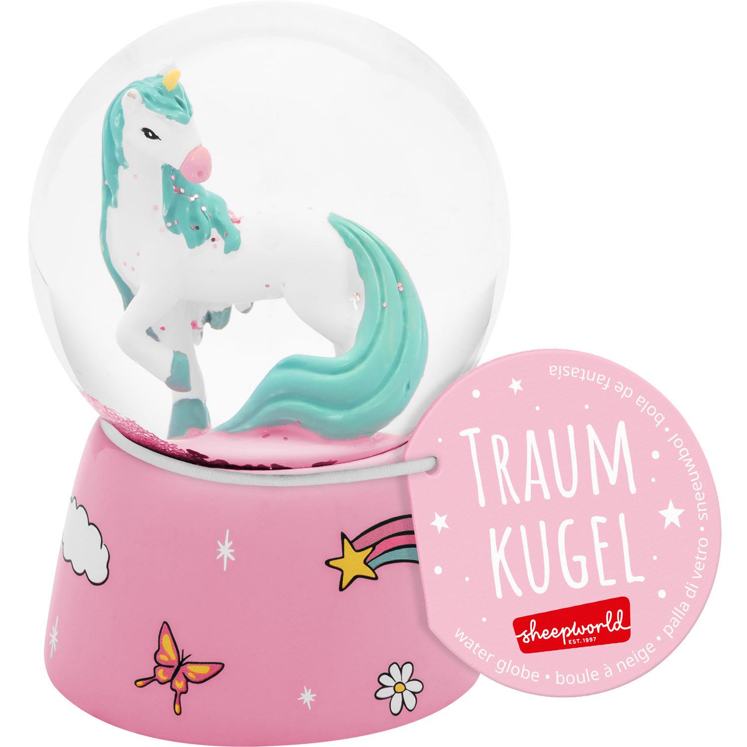 Schneekugel mit Einhorn auf rosa Basis, 6,5 cm hoch, 4,5 cm Durchmesser