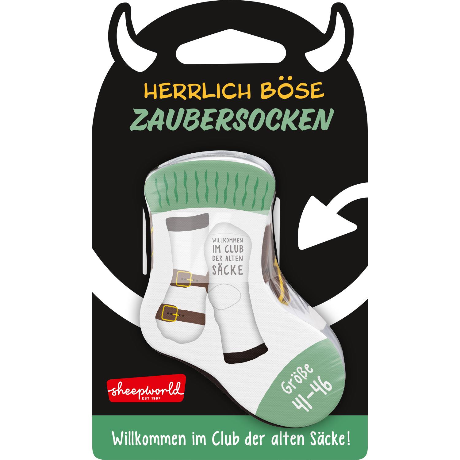 Weiße Zaubersocken mit Gürtel-Print und Club-der-alten-Säcke-Motiv auf Headercard