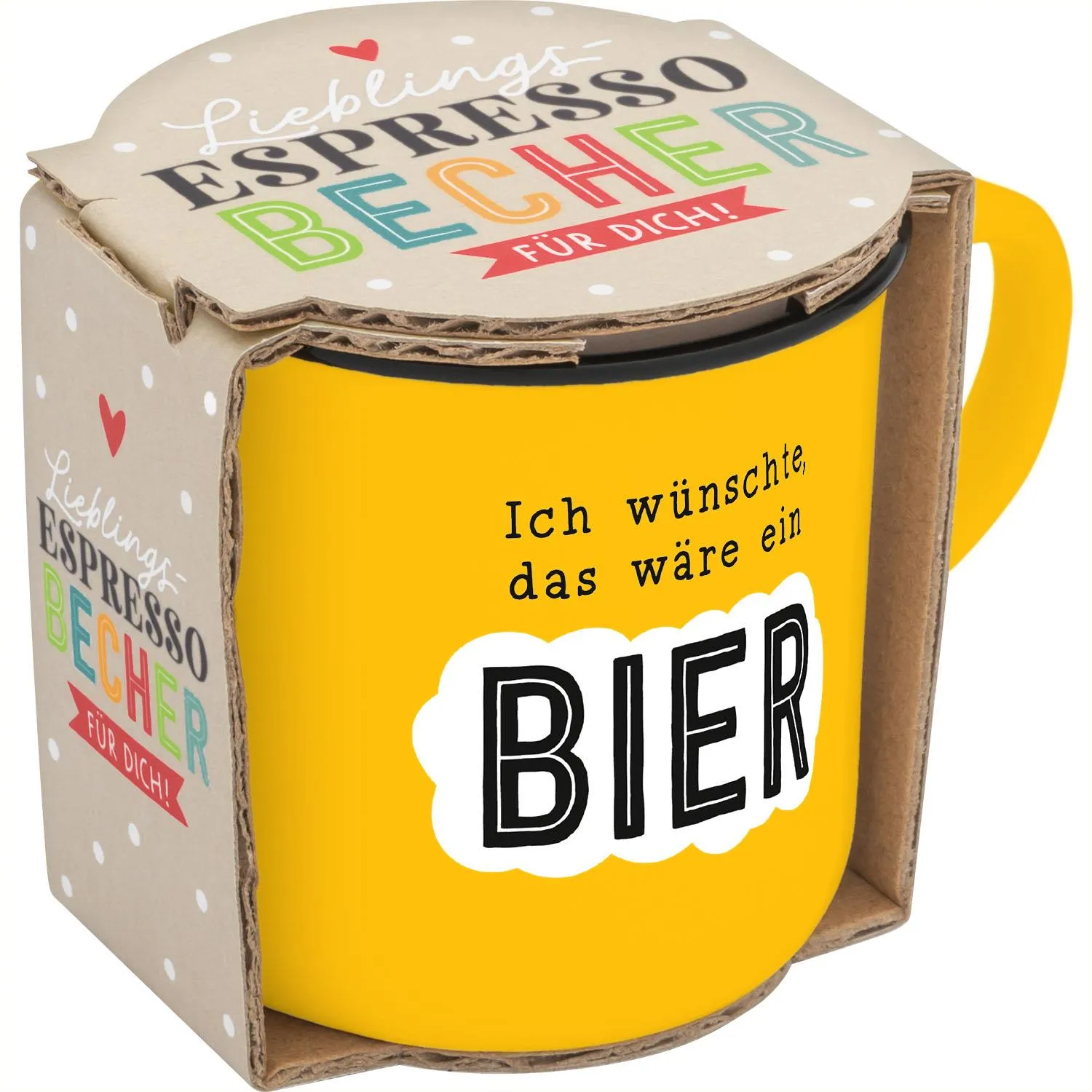 Gelber Porzellan-Espressobecher mit Spruch 'Ich wünschte, das wäre ein BIER' auf weißer Wolke