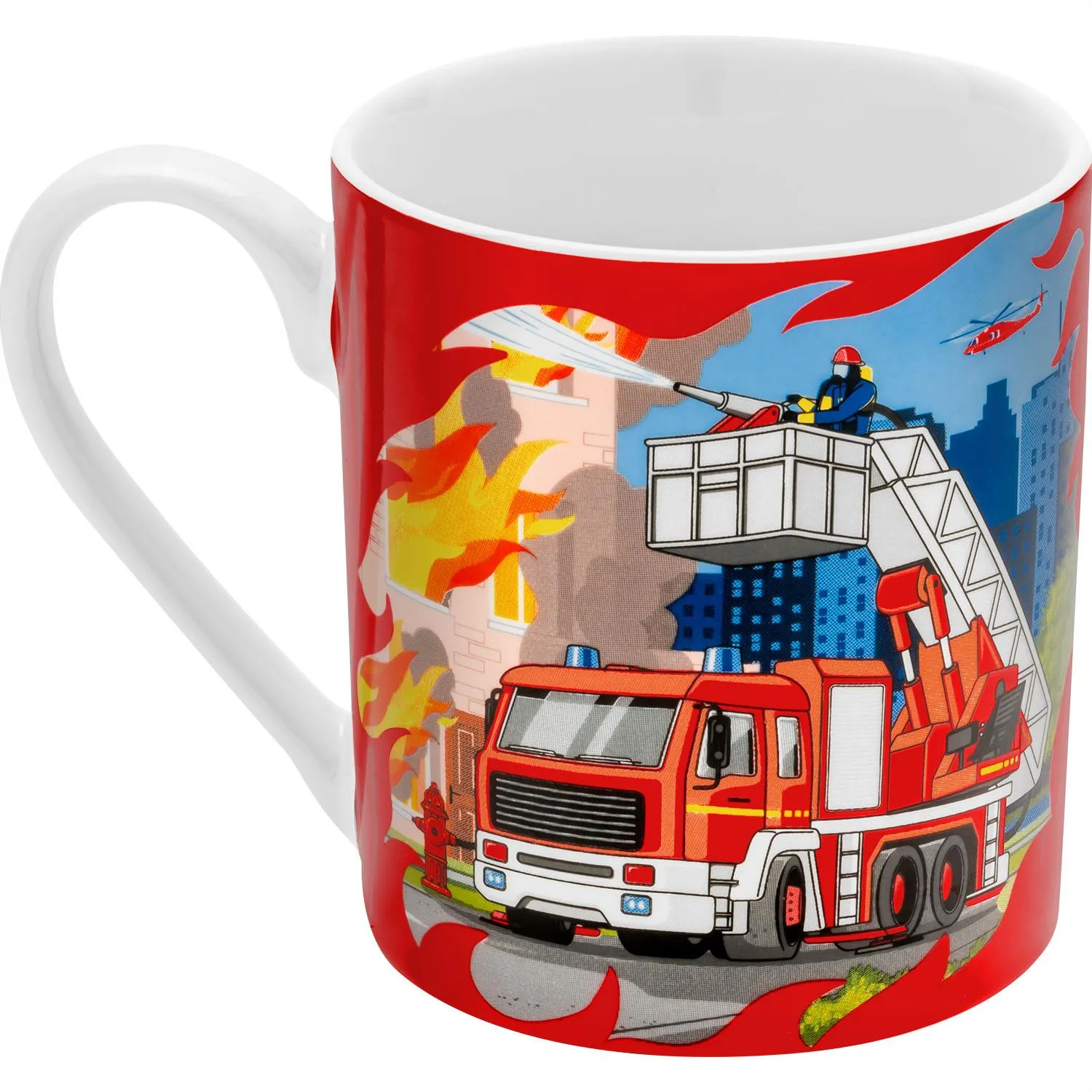 Rote Porzellan-Tasse mit Feuerwehr-Löschfahrzeug-Motiv