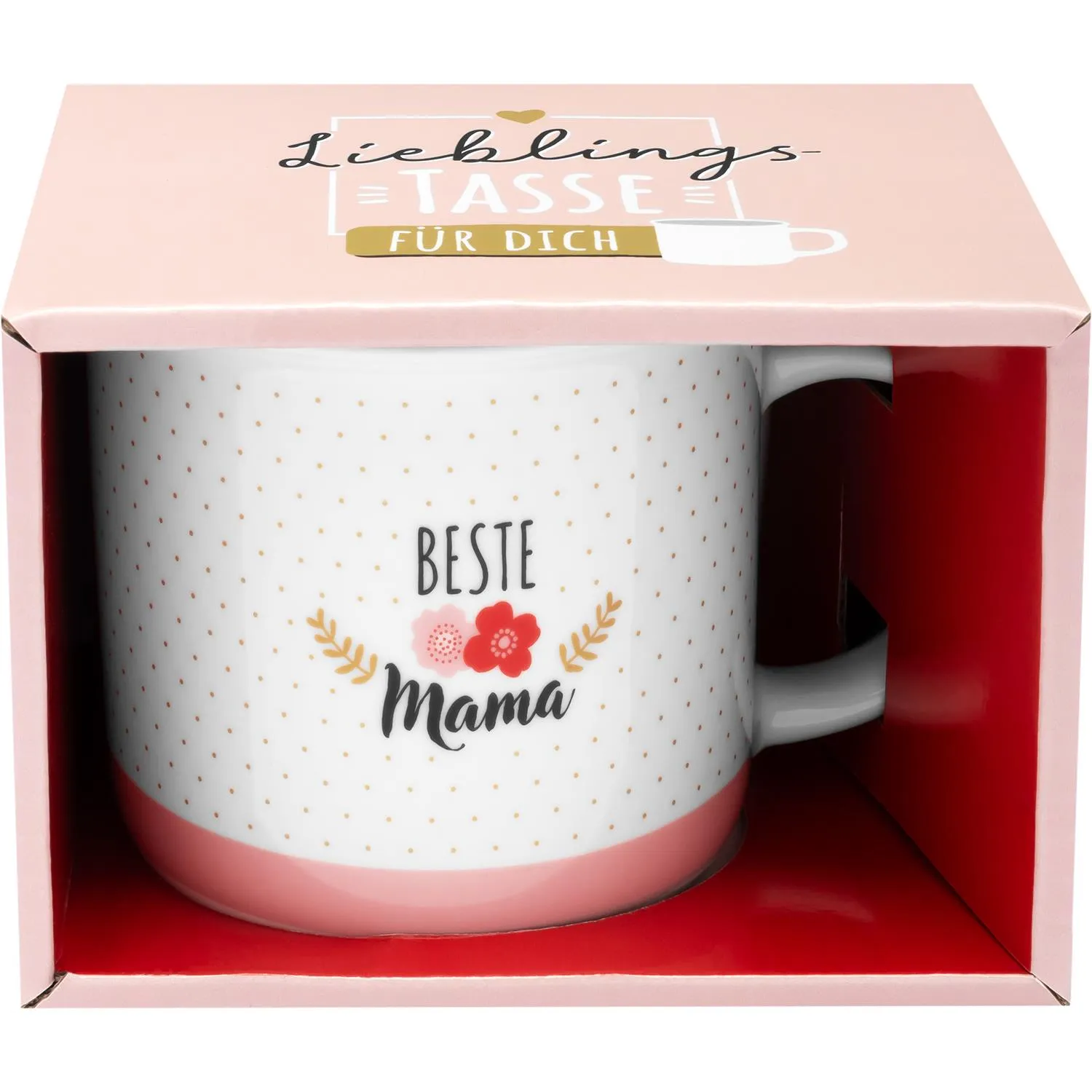 Weiße Porzellantasse mit pinkem Boden, Goldtupfen und 'Beste Mama' Schrift in Geschenkbox.