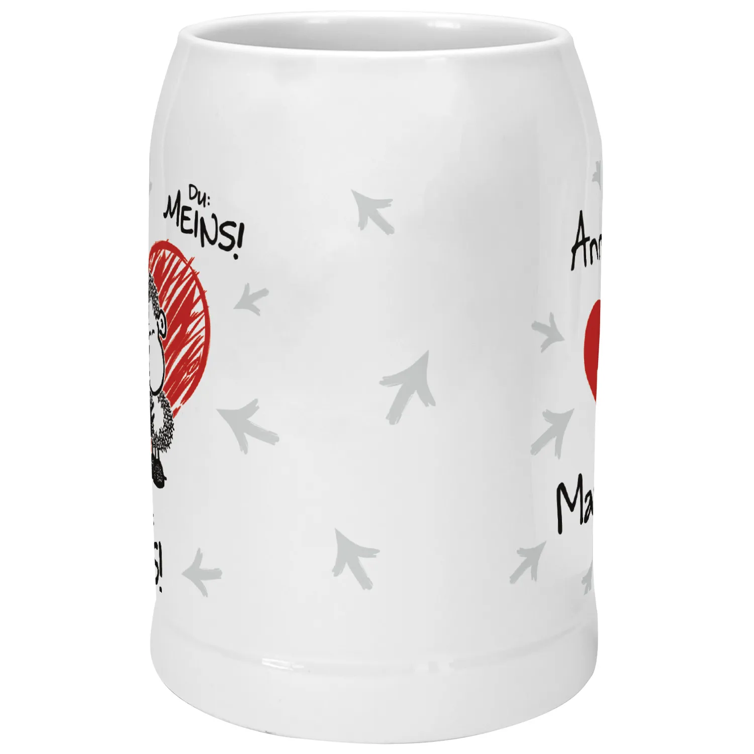 Bierkrug für Paare »Ich: Deins! Du: Meins! Wir: EINS!« mit Namen des Paares, weiß, personalisiert