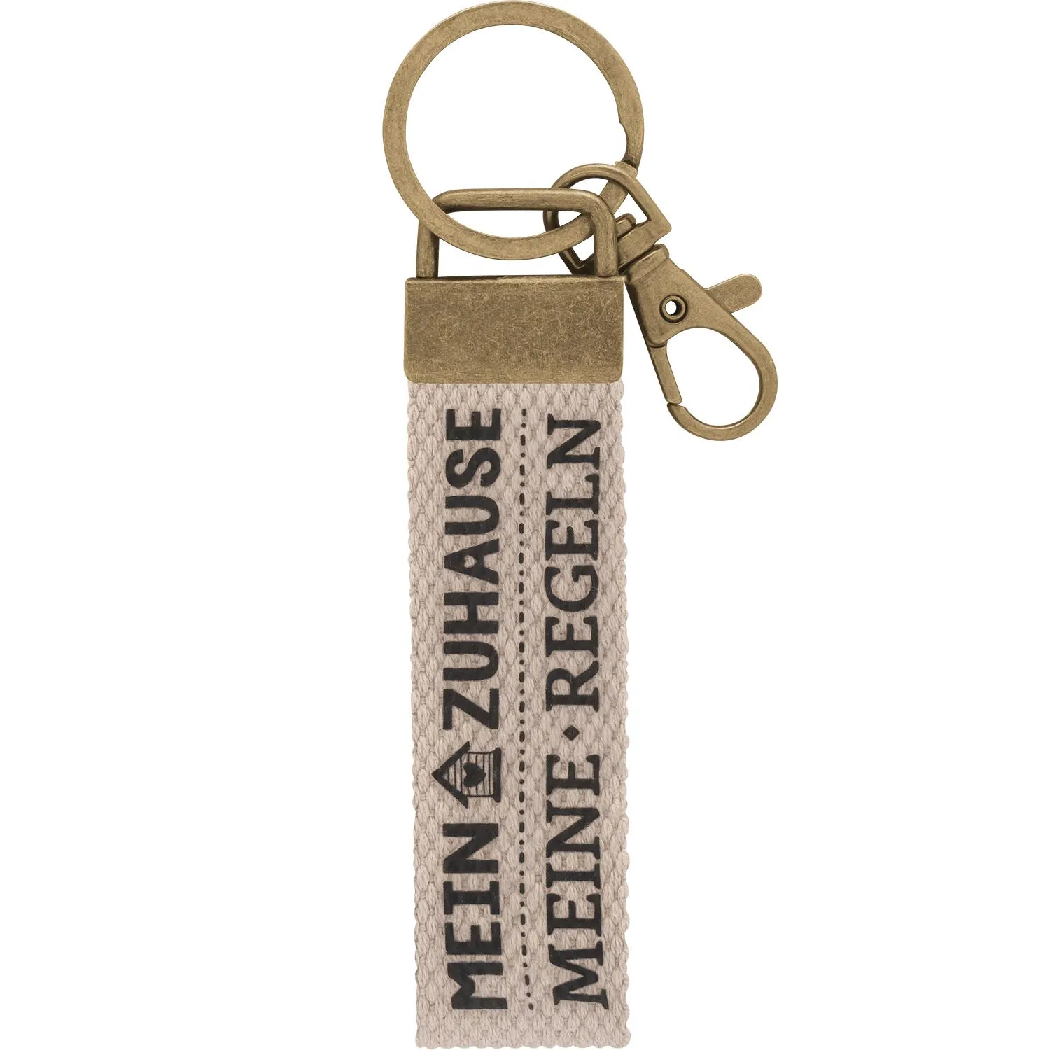 Naturfarbener Canvas-Schlüsselanhänger mit dem Spruch "Mein Zuhause, Meine Regeln" und Messing-Karabiner