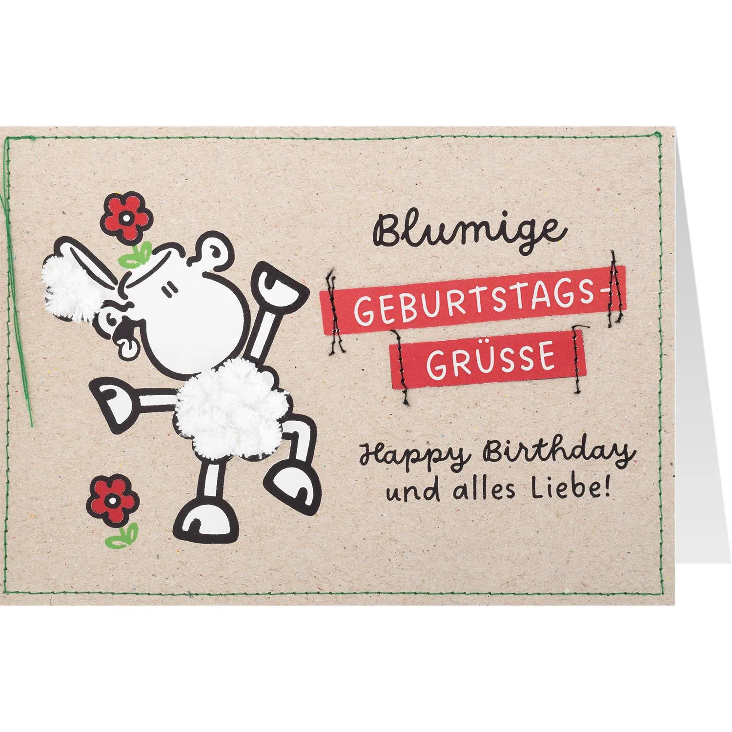 Handgemachte Grußkarte aus Kraftpapier mit Schäfchen-Motiv und rotem Bannertext Blumen Geburtstags Grüße.
