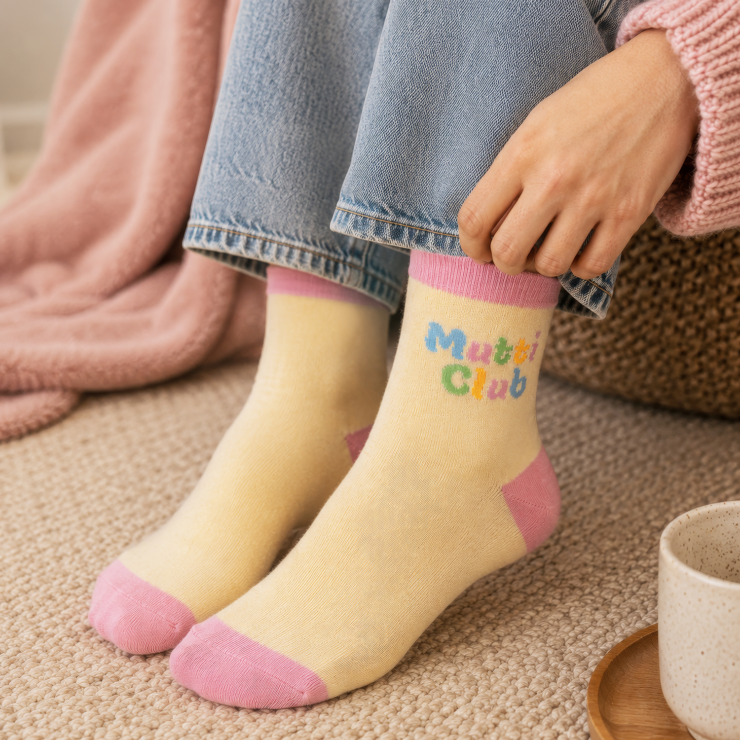 Beige-cremefarbene Zaubersocken mit pinken Details und Mutti Club Schriftzug in Pastellfarben