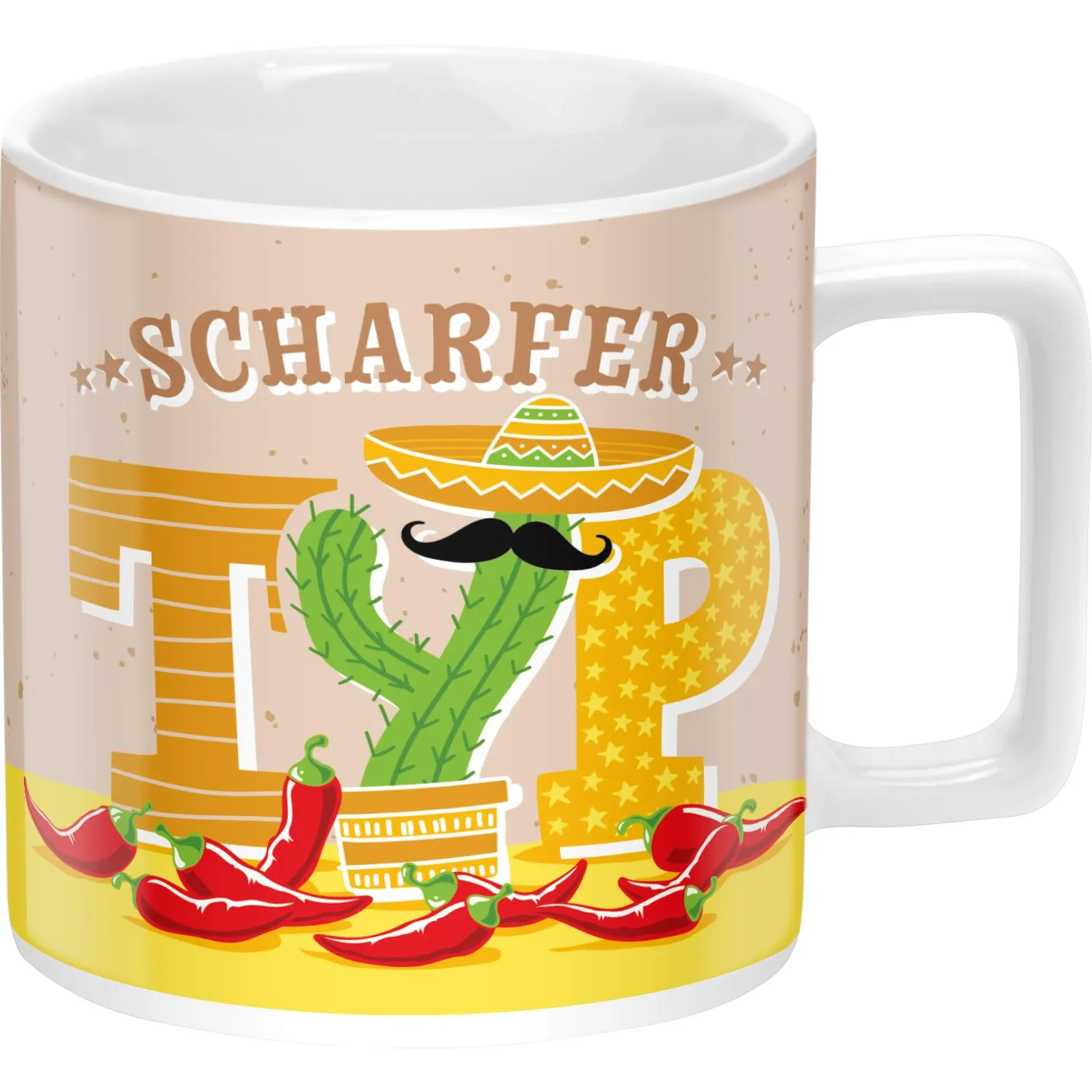 Eckige Porzellan-Tasse mit Kaktus-Schnurrbart im Sombrero und Chili-Motiv