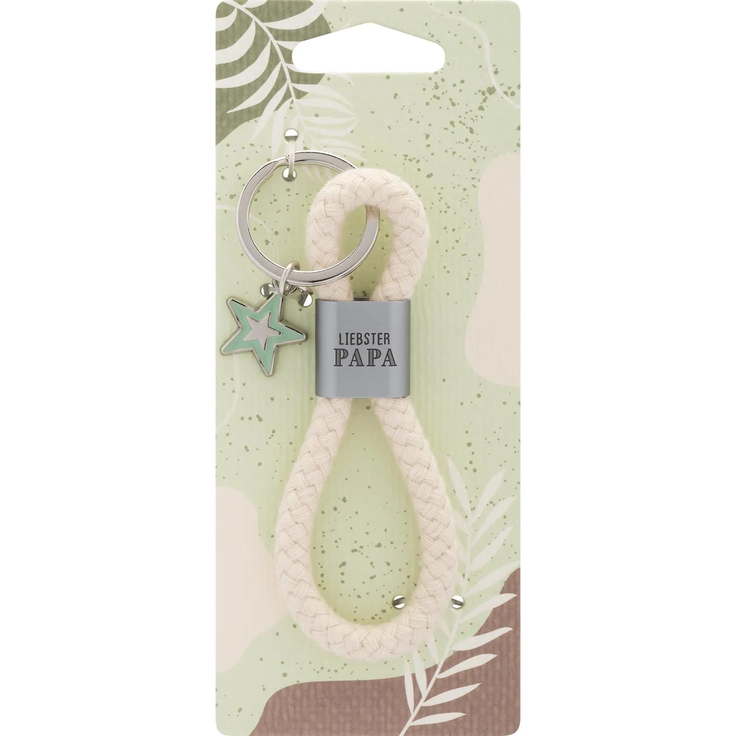Schlüsselanhänger aus cremefarbener Baumwollkordel mit Stern-Anhänger und silbernem Metall-Teil 'LIEBSTER PAPA'.