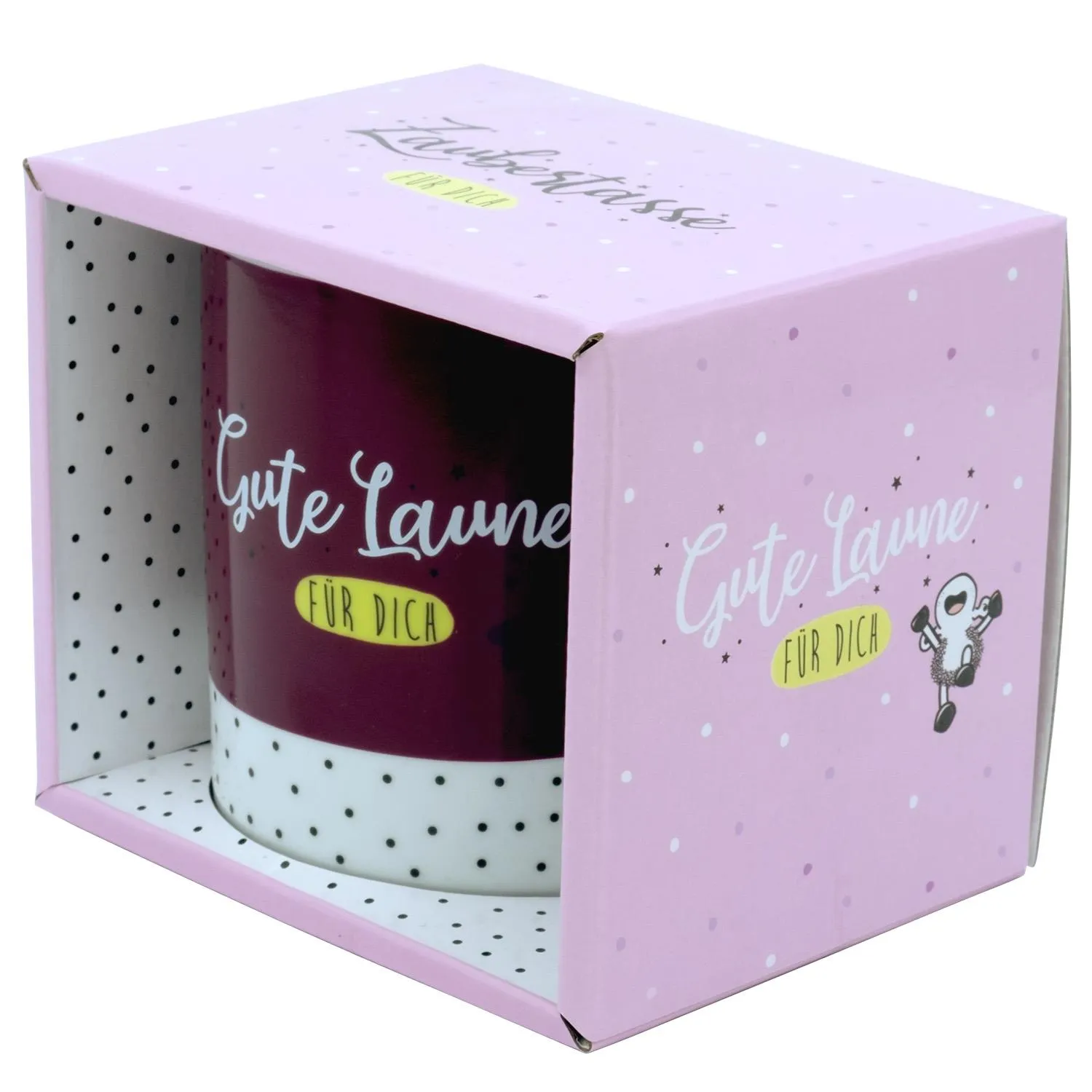 Zaubertasse »Gute Laune« aus Porzellan in Geschenkbox, farbwechselnd bei heißem Getränk.