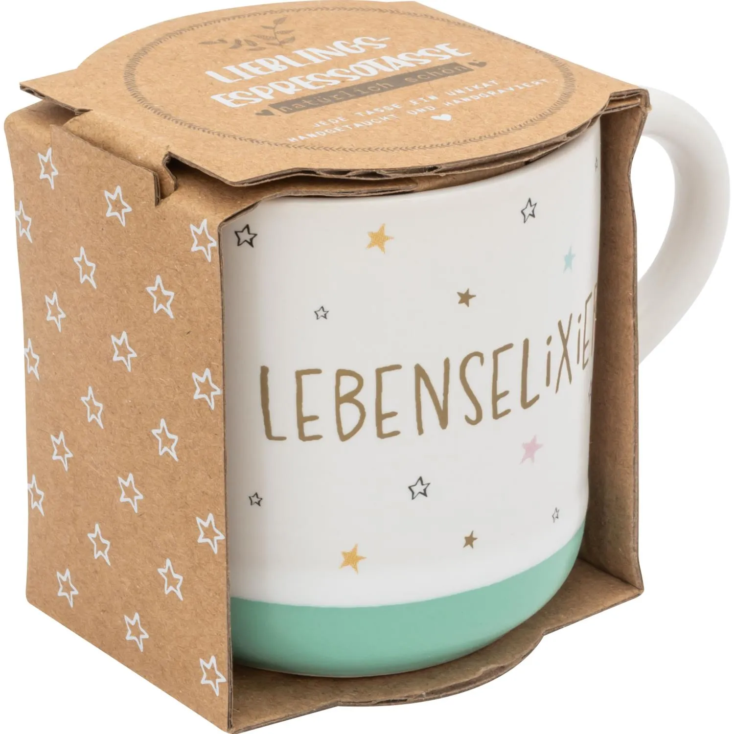 Weiße Espressotasse Lebenselixier mit mintgrünem Boden und Sternen, Geschenkverpackung