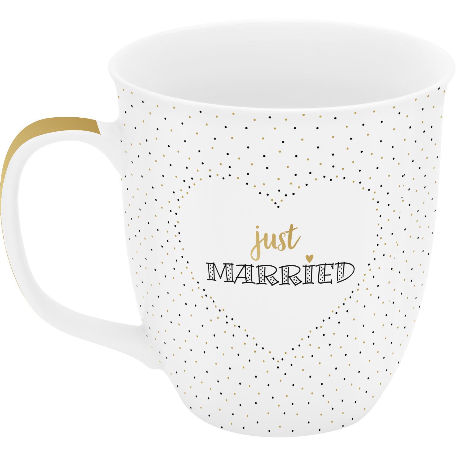 Weiße Keramiktasse mit goldenen Punkten und dem Schriftzug 'just MARRIED'
