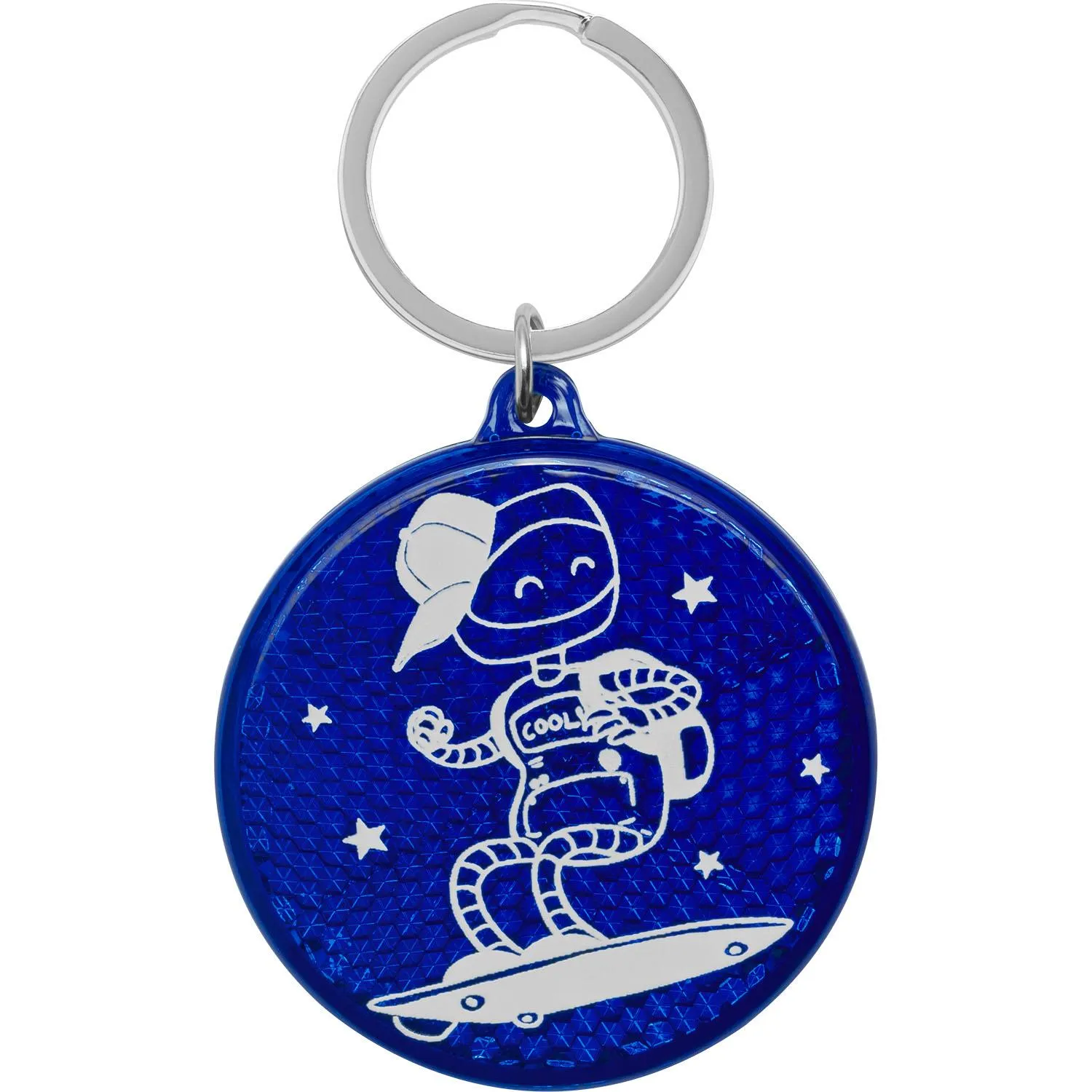 Blauer runder Reflektor mit weißem Roboter auf Skateboard